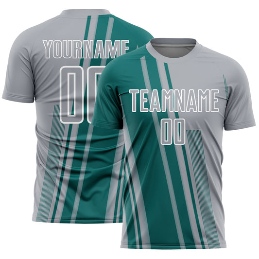 Custom Gray Teal-White Lines Sports Sublimation Soccer Uniform Jersey - Main View