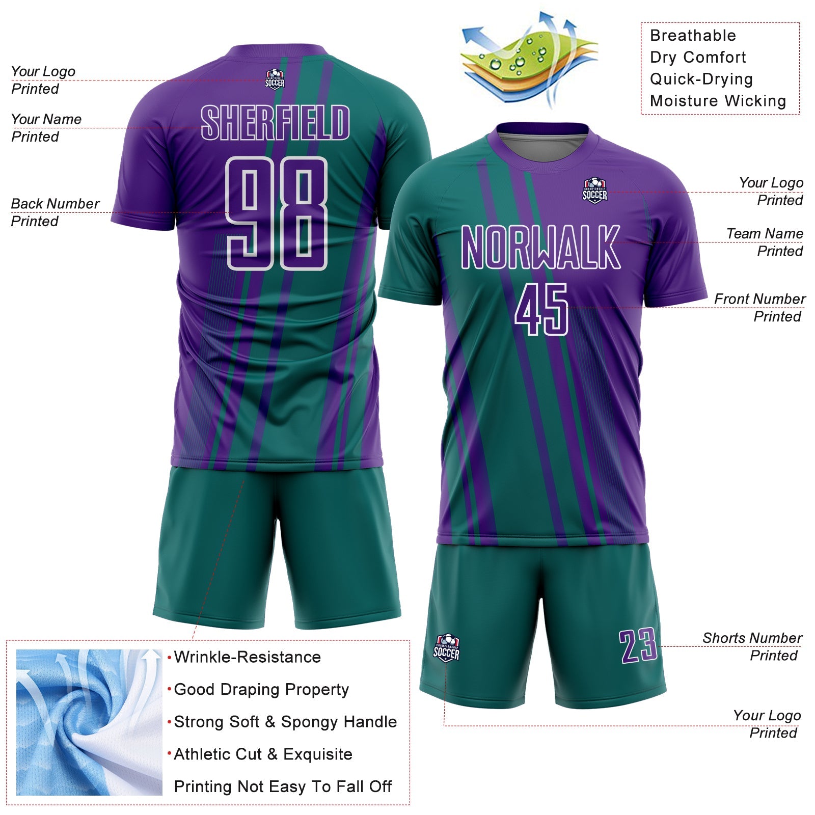 Custom Purple Teal-White Lines Sports Sublimation Soccer Uniform Jersey view 4