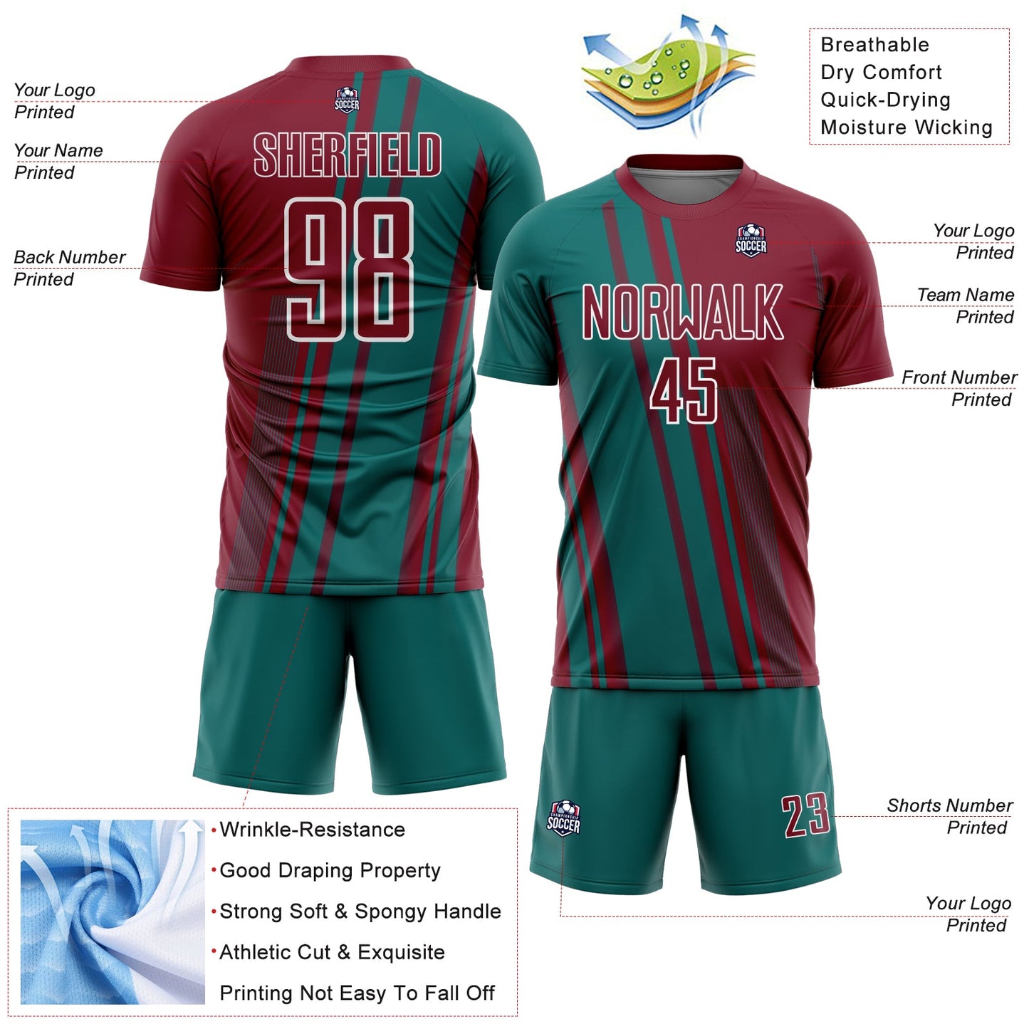 Custom Crimson Teal-White Lines Sports Sublimation Soccer Uniform Jersey view 4