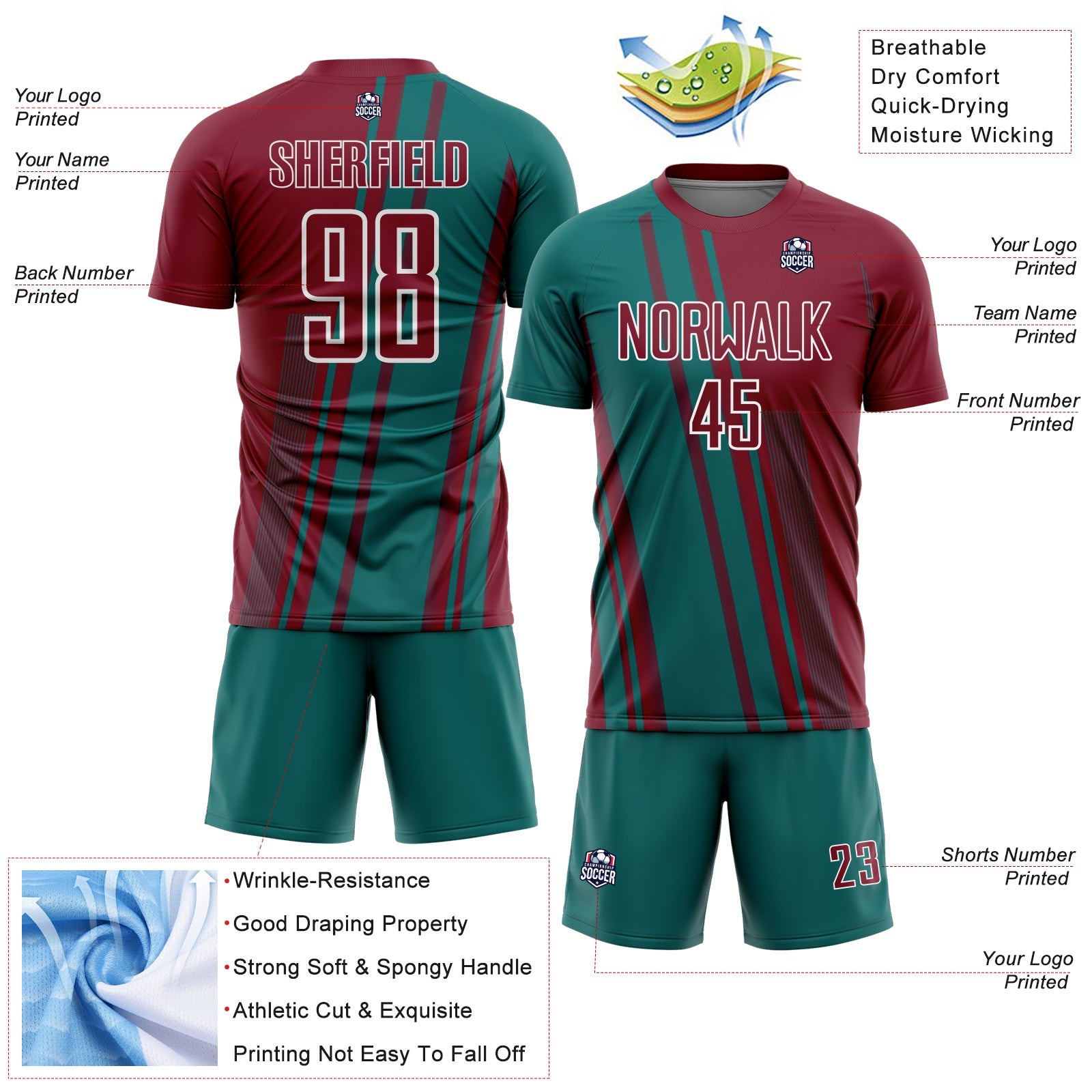 Custom Crimson Teal-White Lines Sports Sublimation Soccer Uniform Jersey view 4