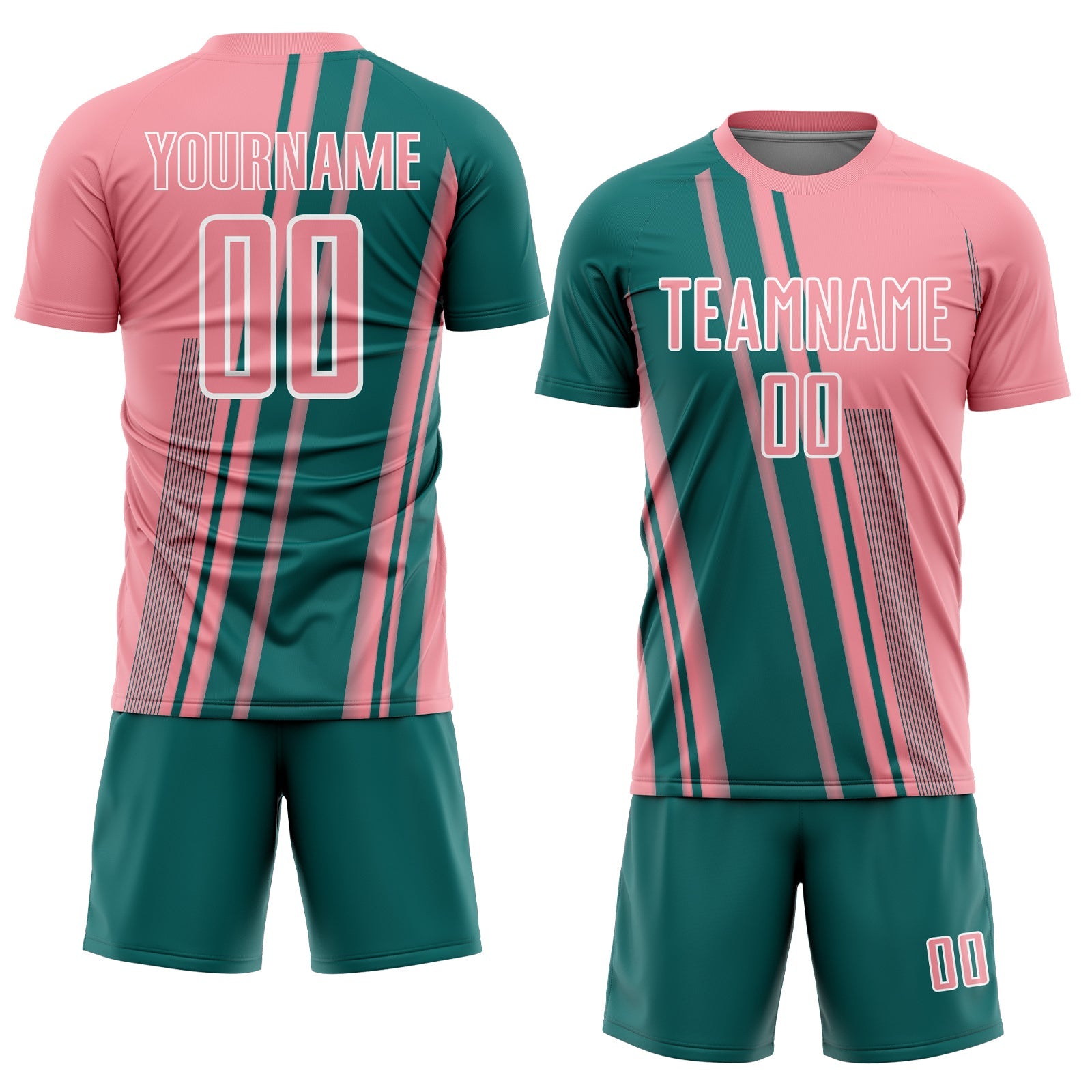 Custom Medium Pink Teal-White Lines Sports Sublimation Soccer Uniform Jersey view 2