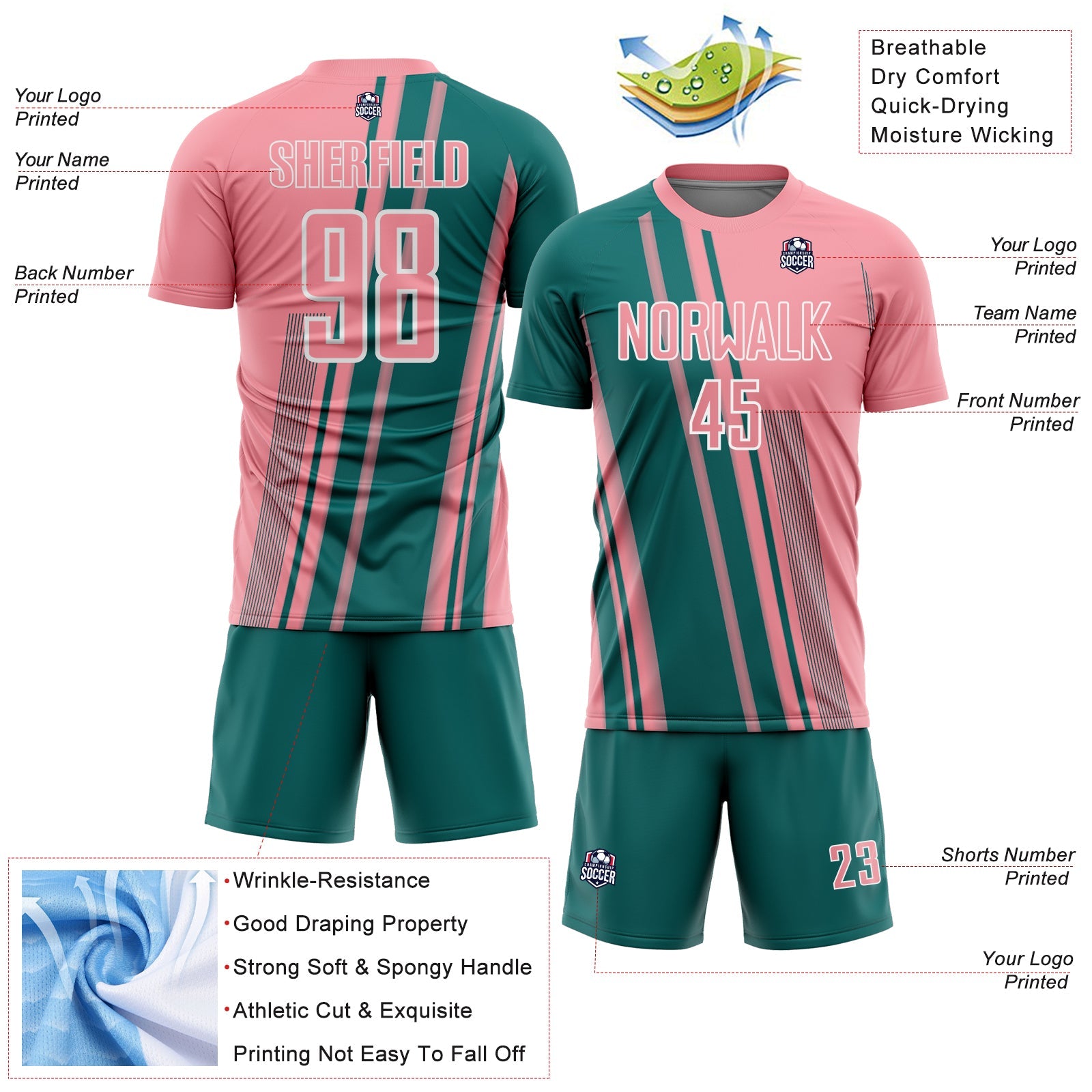 Custom Medium Pink Teal-White Lines Sports Sublimation Soccer Uniform Jersey view 4