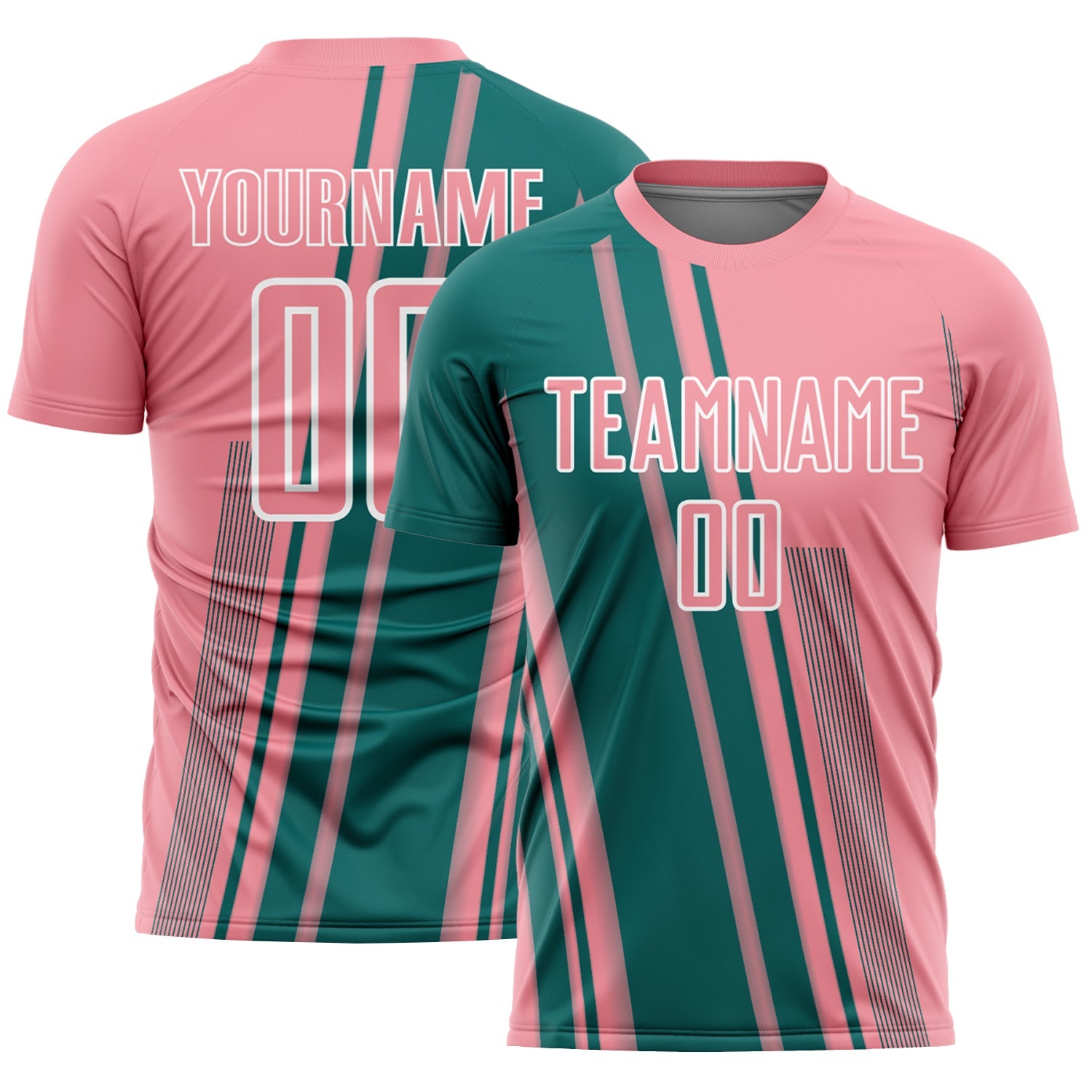 Custom Medium Pink Teal-White Lines Sports Sublimation Soccer Uniform Jersey - Main View