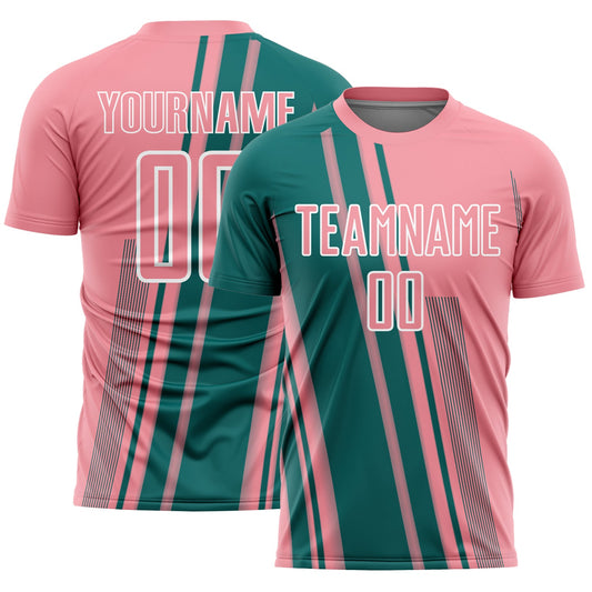 Custom Medium Pink Teal-White Lines Sports Sublimation Soccer Uniform Jersey - Main View