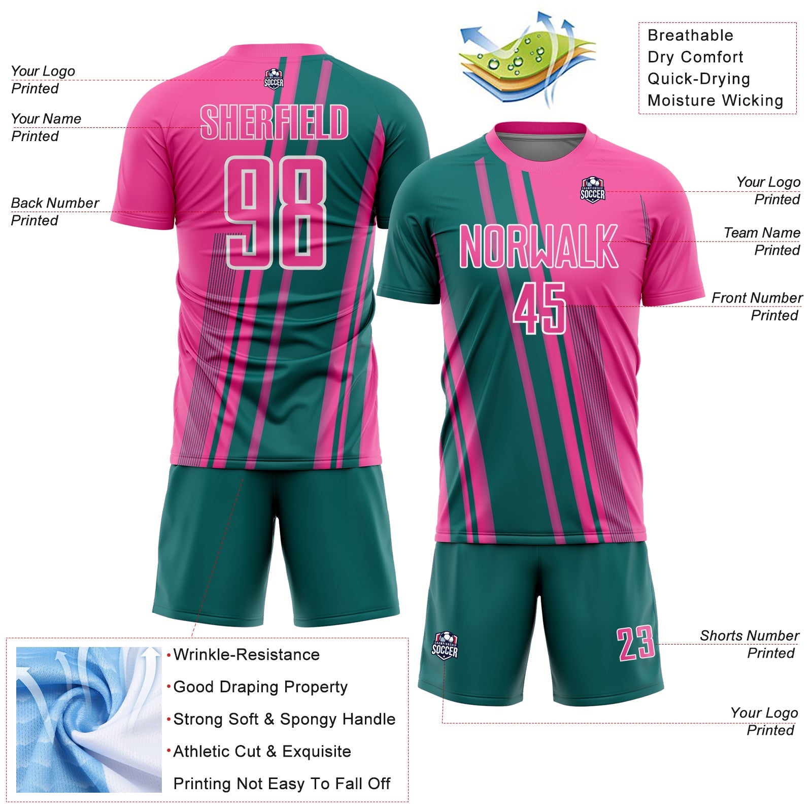 Custom Pink Teal-White Lines Sports Sublimation Soccer Uniform Jersey view 4