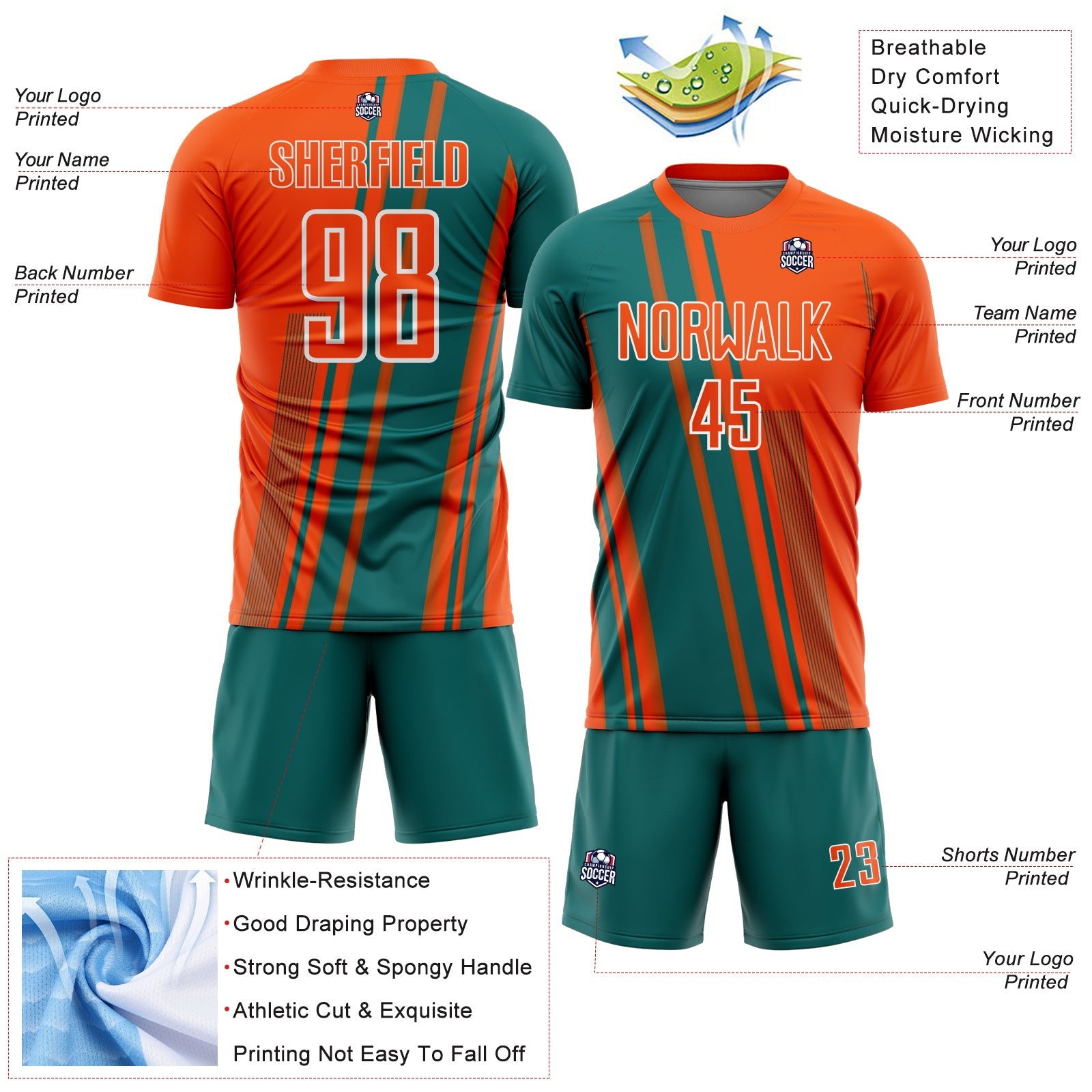 Custom Orange Teal-White Lines Sports Sublimation Soccer Uniform Jersey view 4