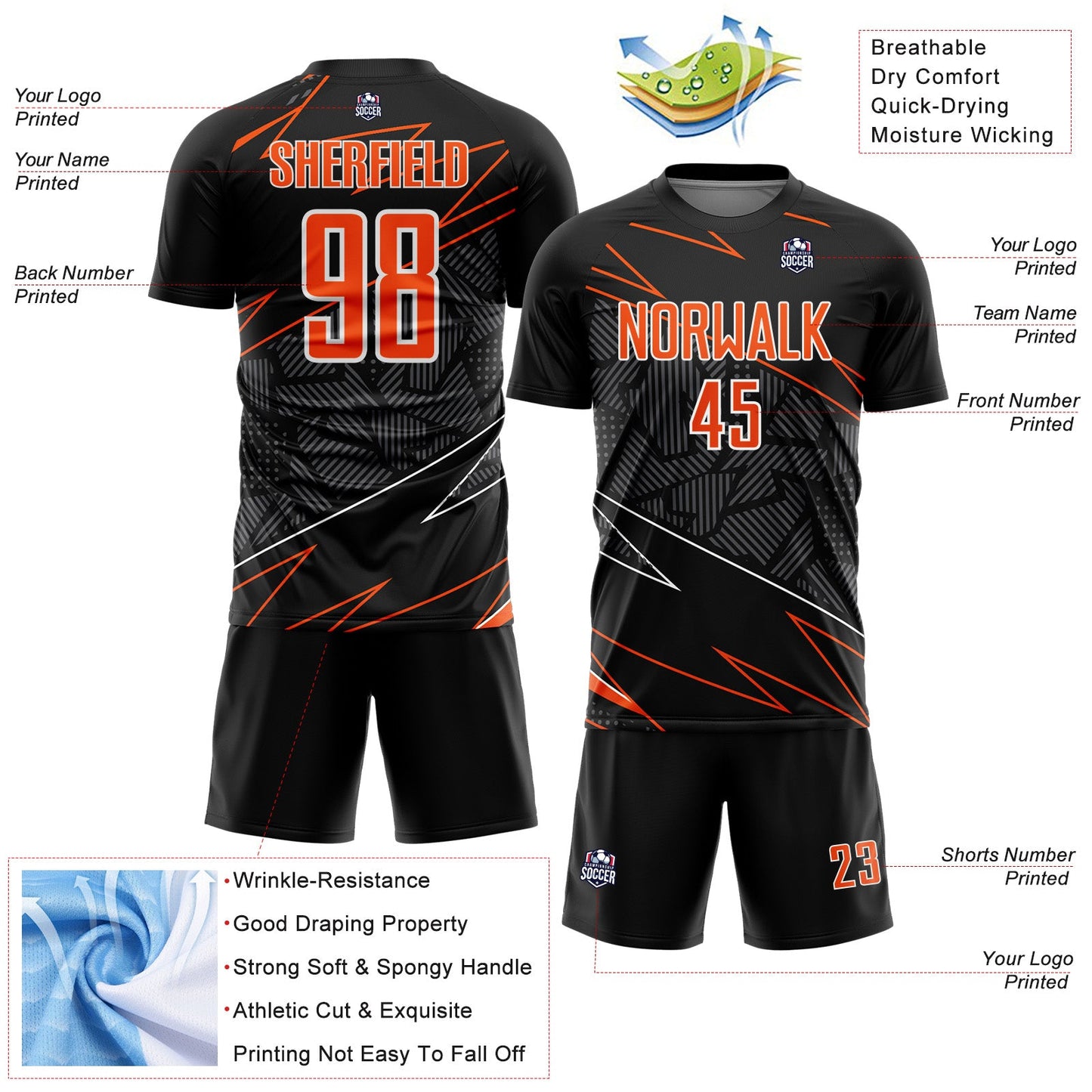 Custom Black Orange-White Lines Sports Sublimation Soccer Uniform Jersey view 4