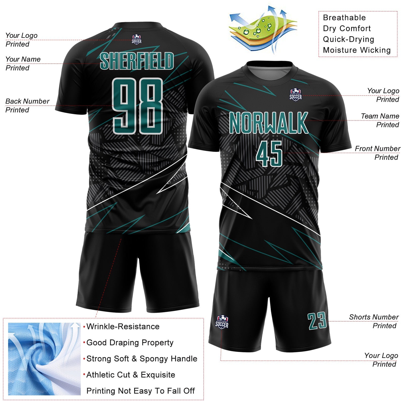 Custom Black Teal-White Lines Sports Sublimation Soccer Uniform Jersey view 4
