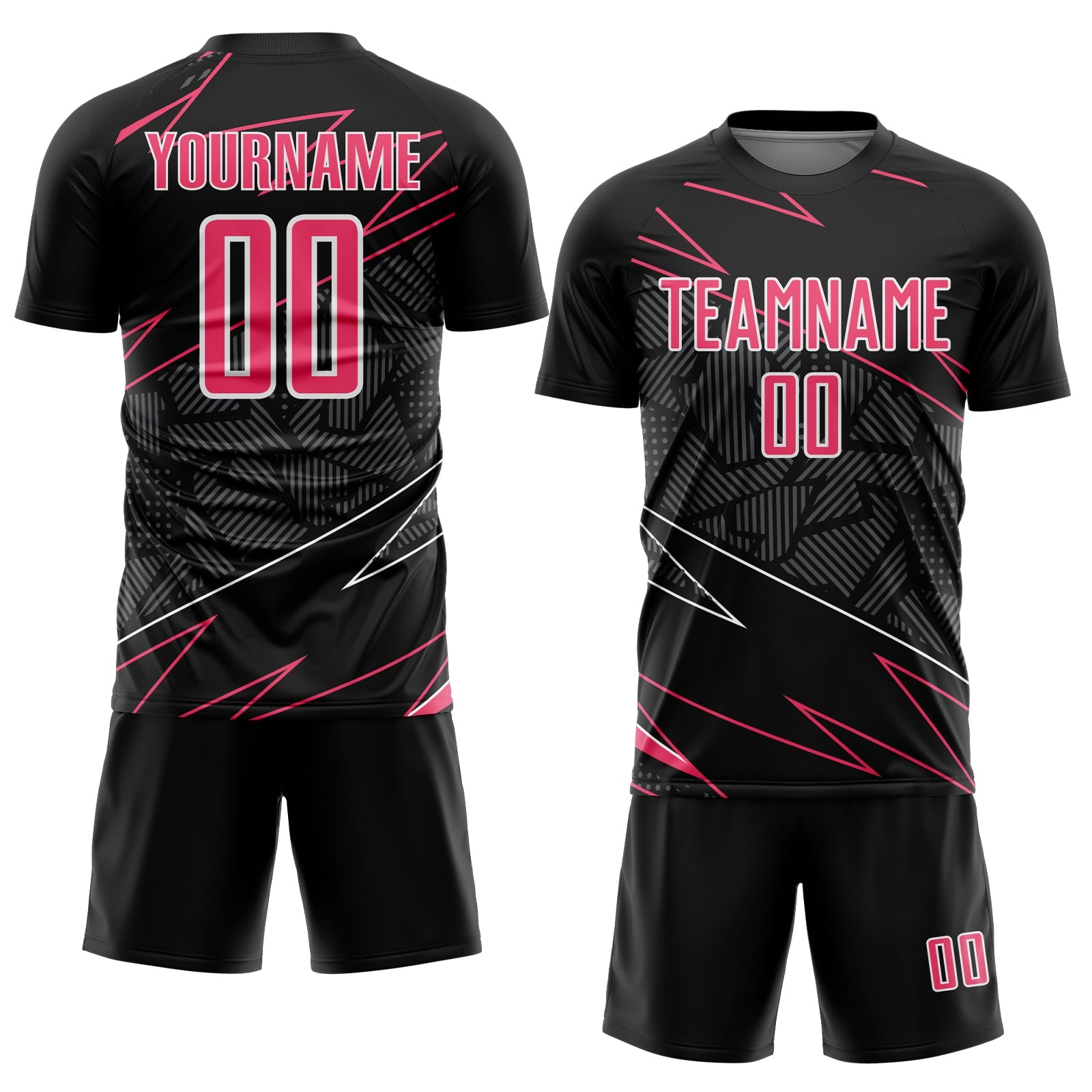 Custom Black Neon Pink-White Lines Sports Sublimation Soccer Uniform Jersey view 2