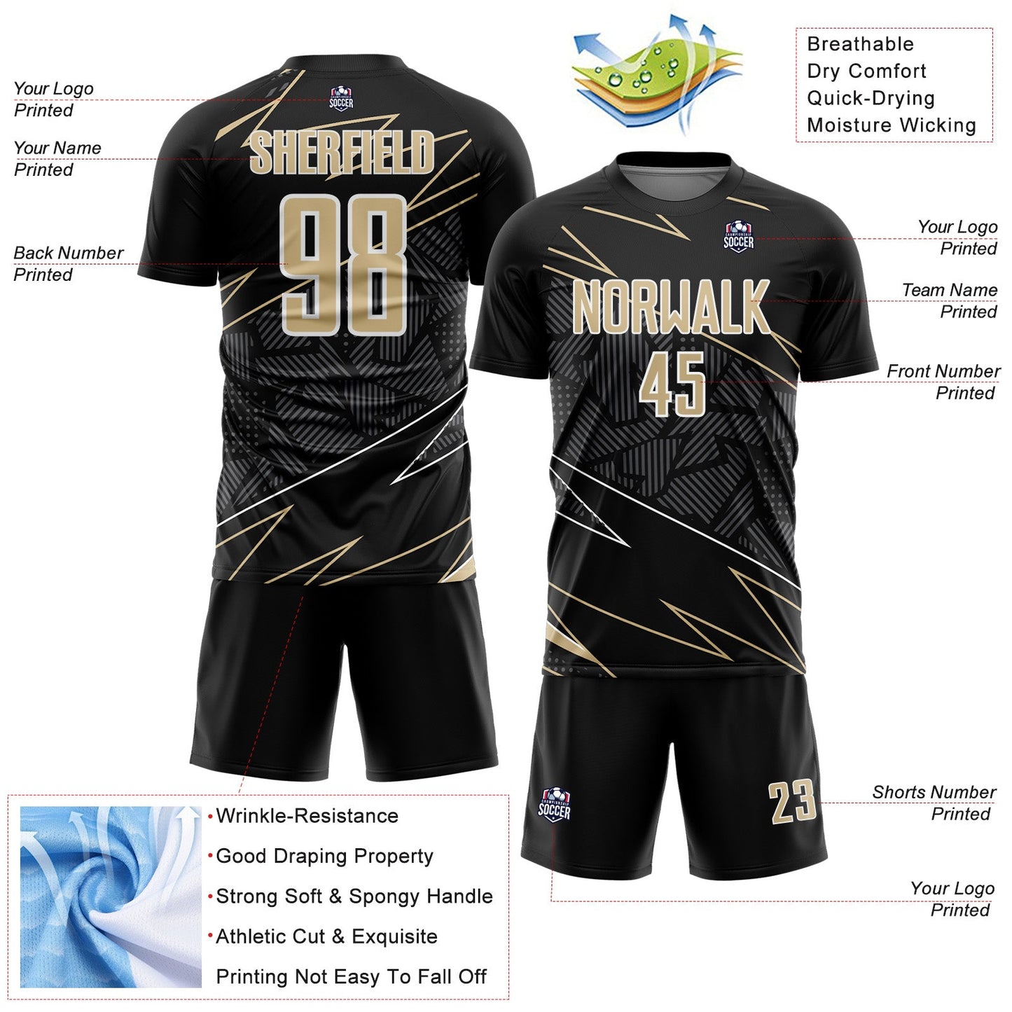 Custom Black Vegas Gold-White Lines Sports Sublimation Soccer Uniform Jersey view 4