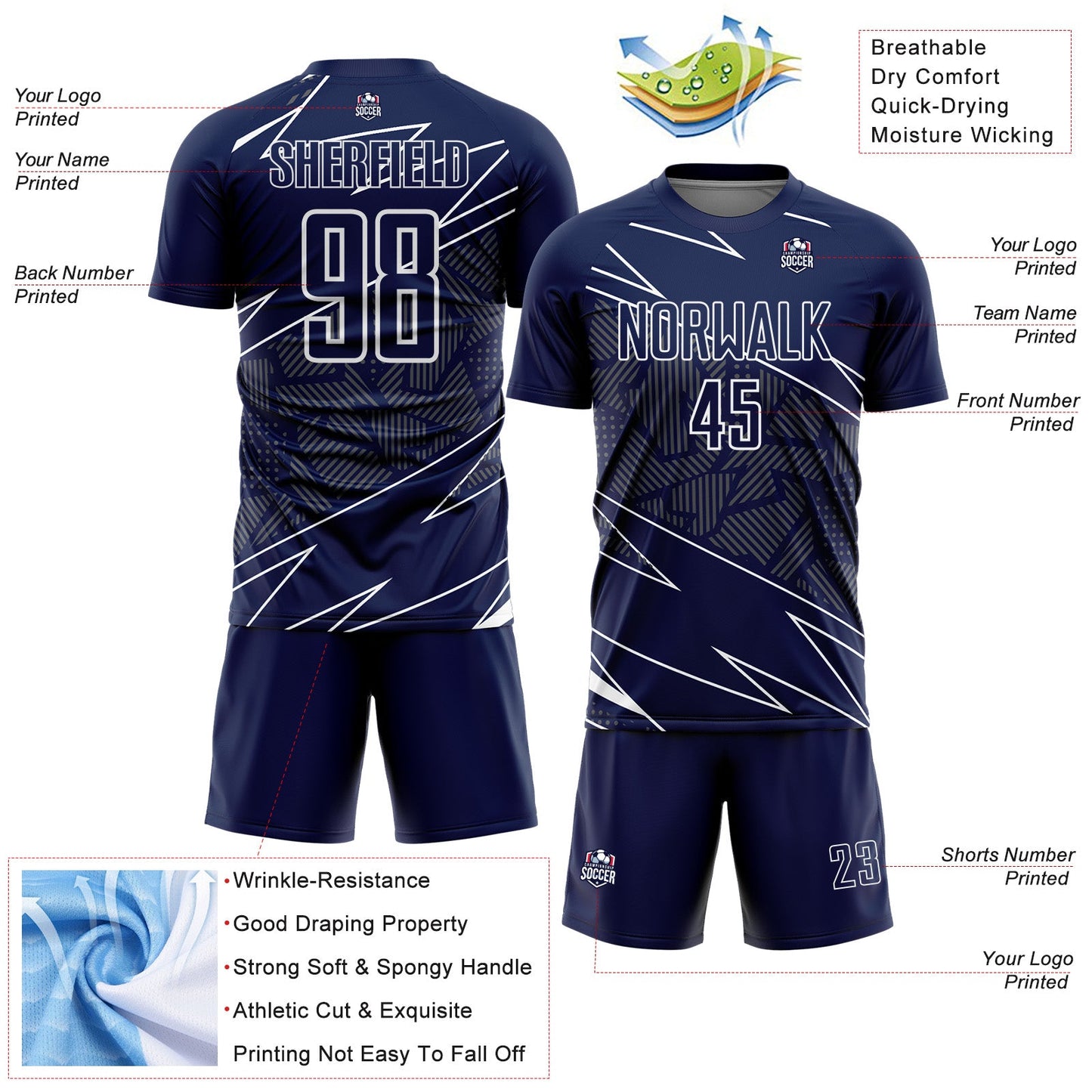 Custom Navy White Lines Sports Sublimation Soccer Uniform Jersey view 4