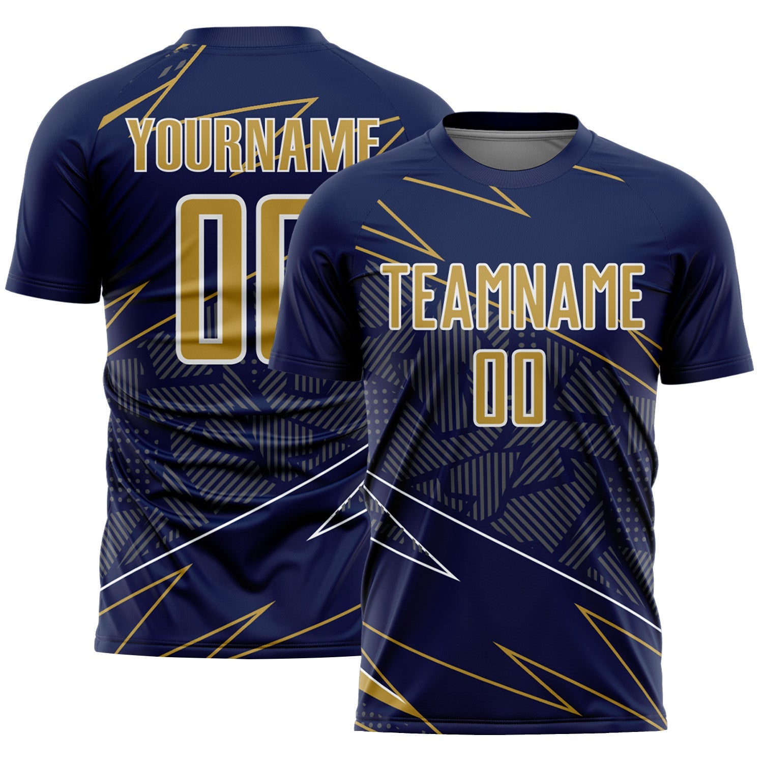 Custom Navy Old Gold-White Lines Sports Sublimation Soccer Uniform Jersey - Main View