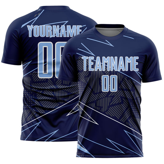 Custom Navy Light Blue-White Lines Sports Sublimation Soccer Uniform Jersey - Main View
