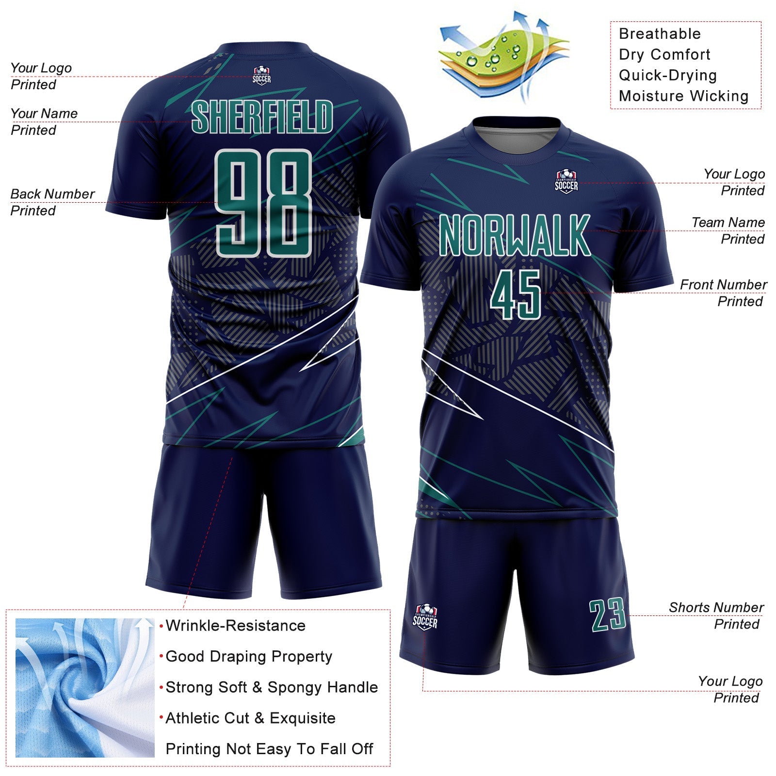 Custom Navy Teal-White Lines Sports Sublimation Soccer Uniform Jersey view 4