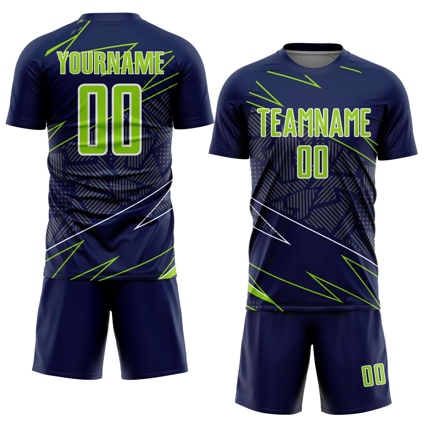 Custom Navy Neon Green-White Lines Sports Sublimation Soccer Uniform Jersey view 2
