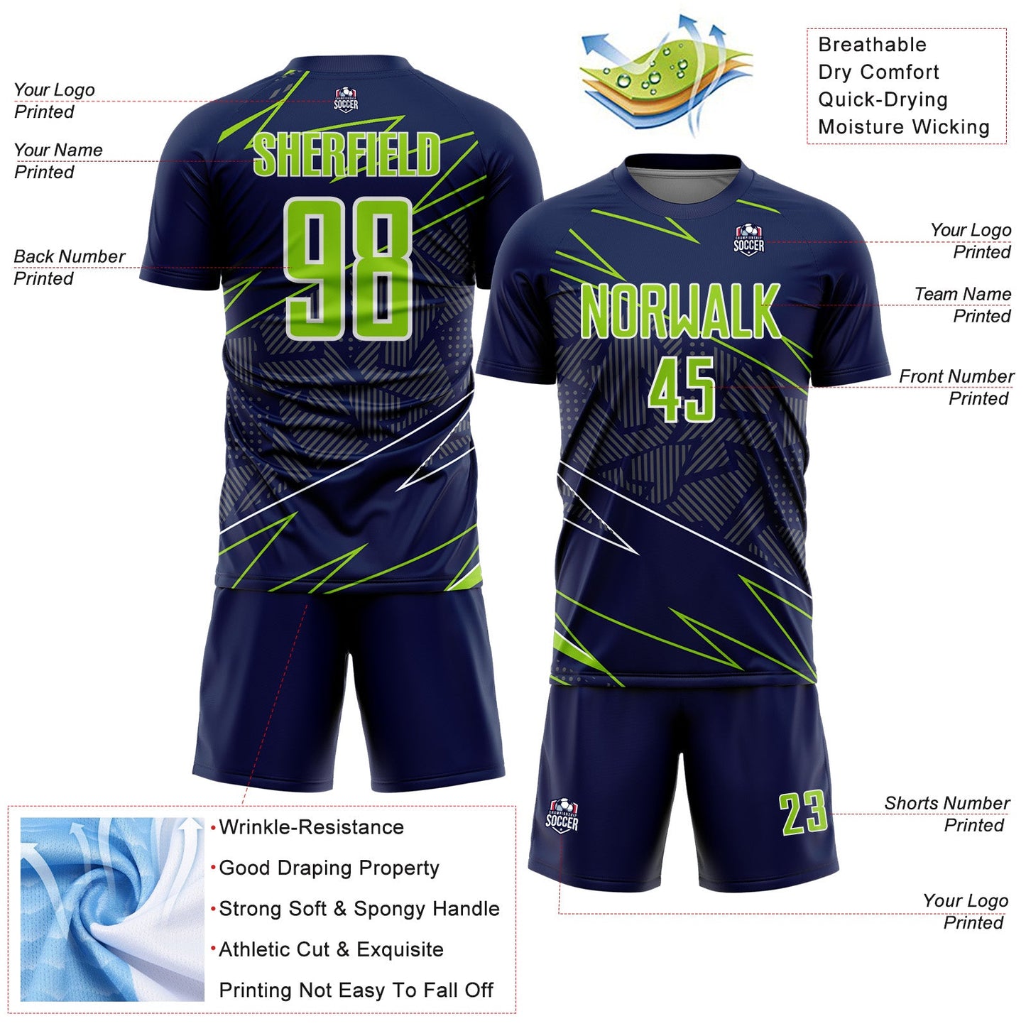 Custom Navy Neon Green-White Lines Sports Sublimation Soccer Uniform Jersey view 4