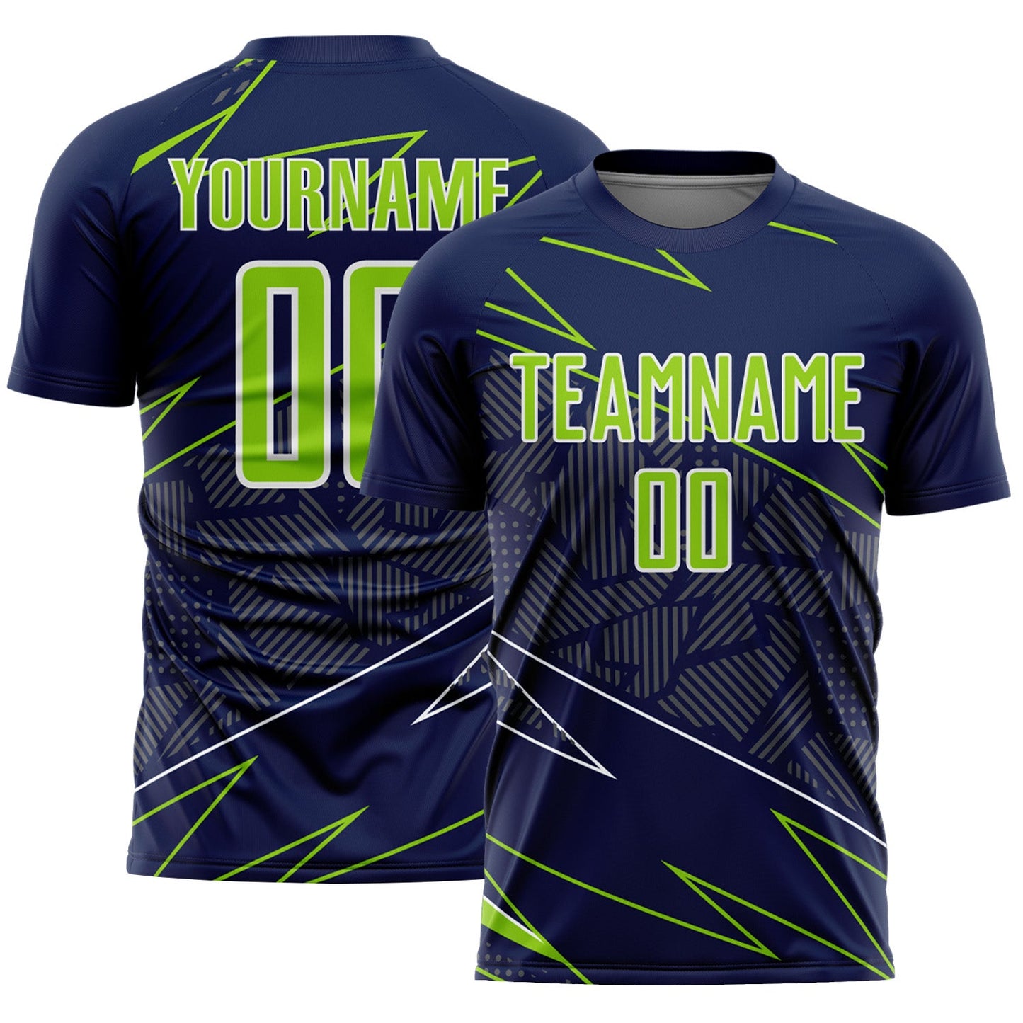 Custom Navy Neon Green-White Lines Sports Sublimation Soccer Uniform Jersey - Main View