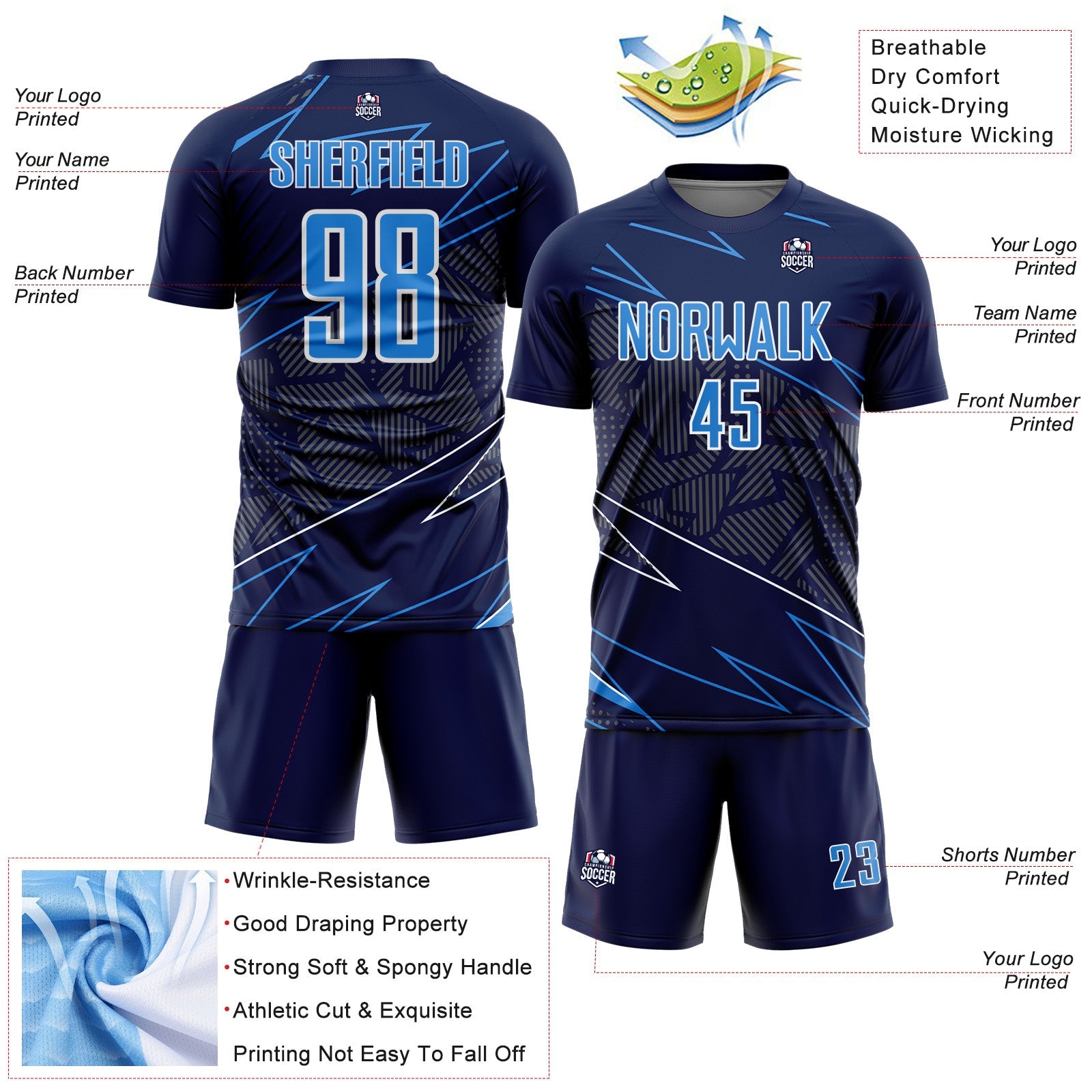 Custom Navy Powder Blue-White Lines Sports Sublimation Soccer Uniform Jersey view 4