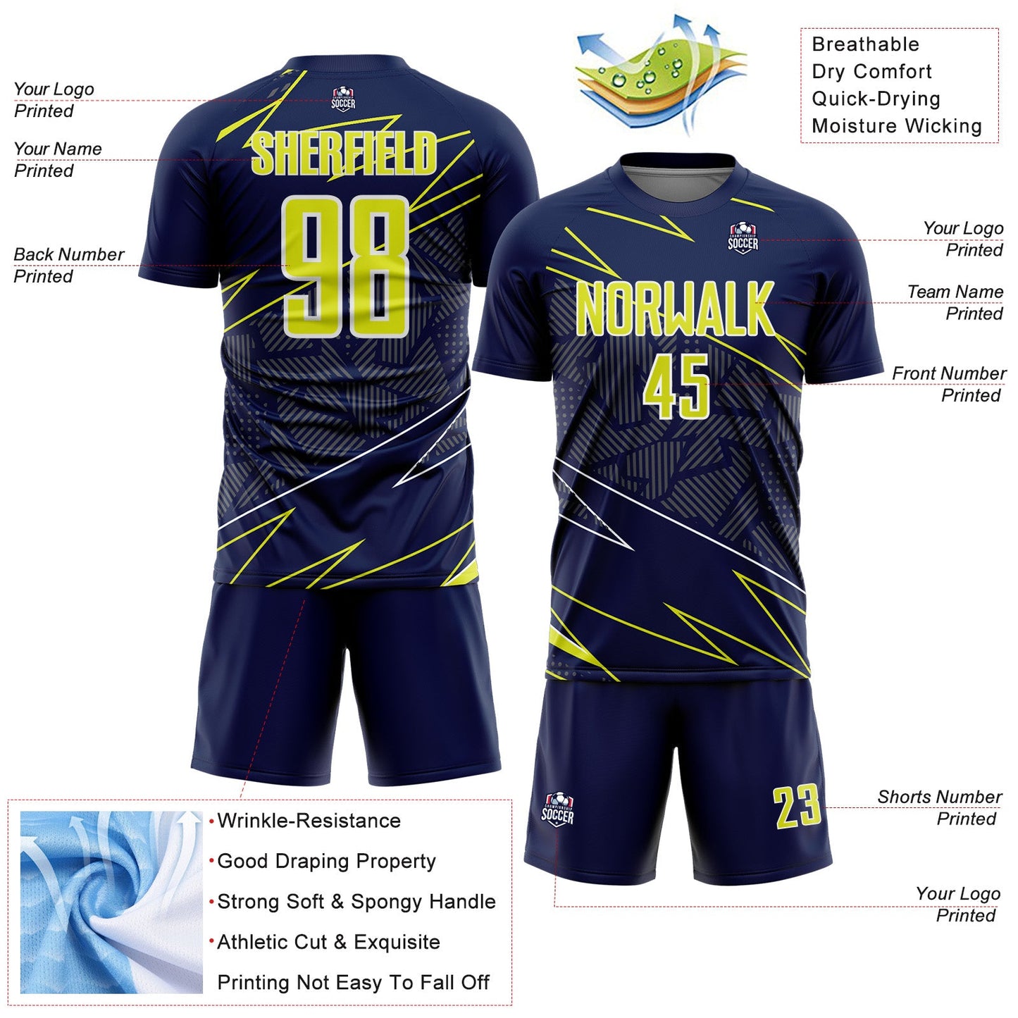 Custom Navy Neon Yellow-White Lines Sports Sublimation Soccer Uniform Jersey view 4