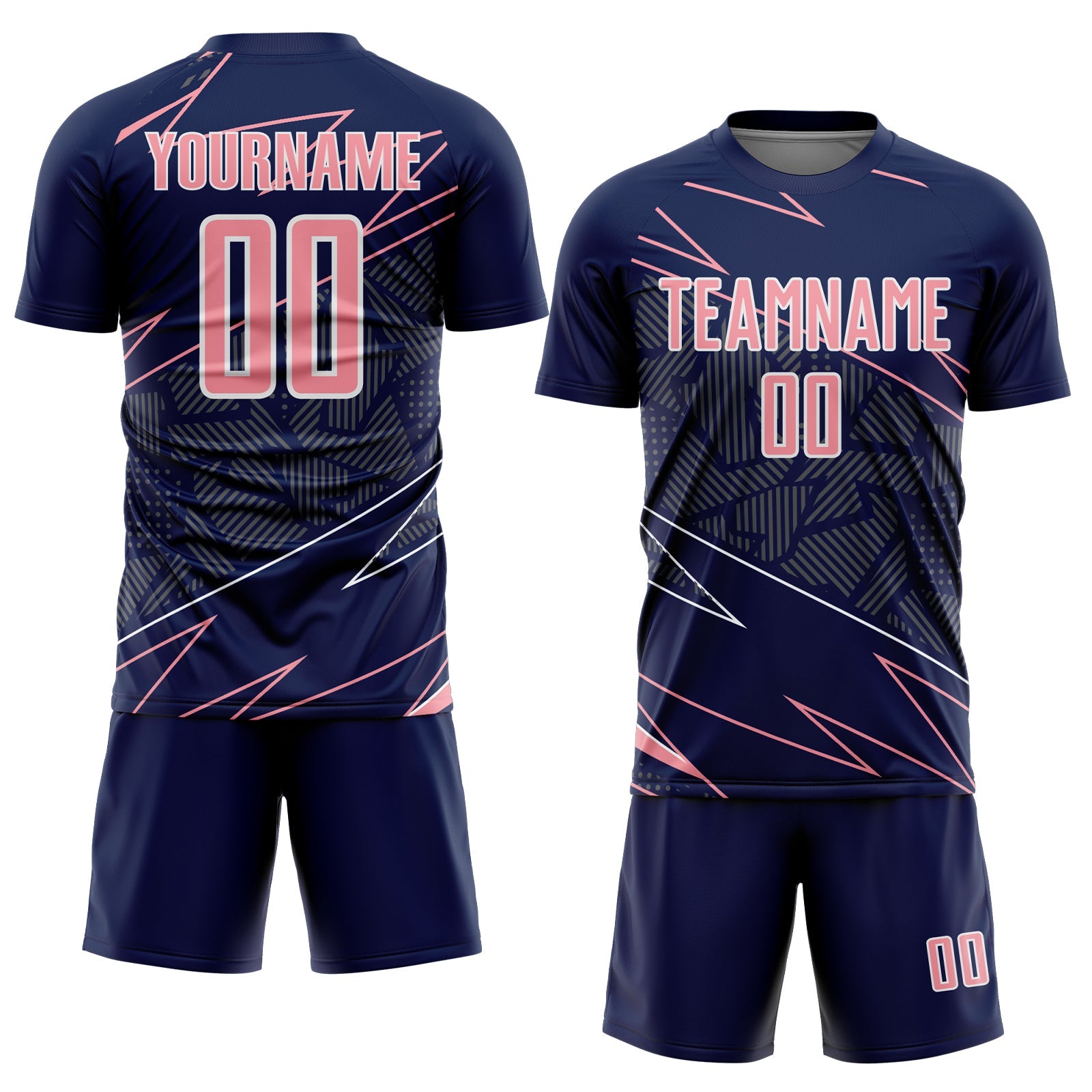 Custom Navy Medium Pink-White Lines Sports Sublimation Soccer Uniform Jersey view 2