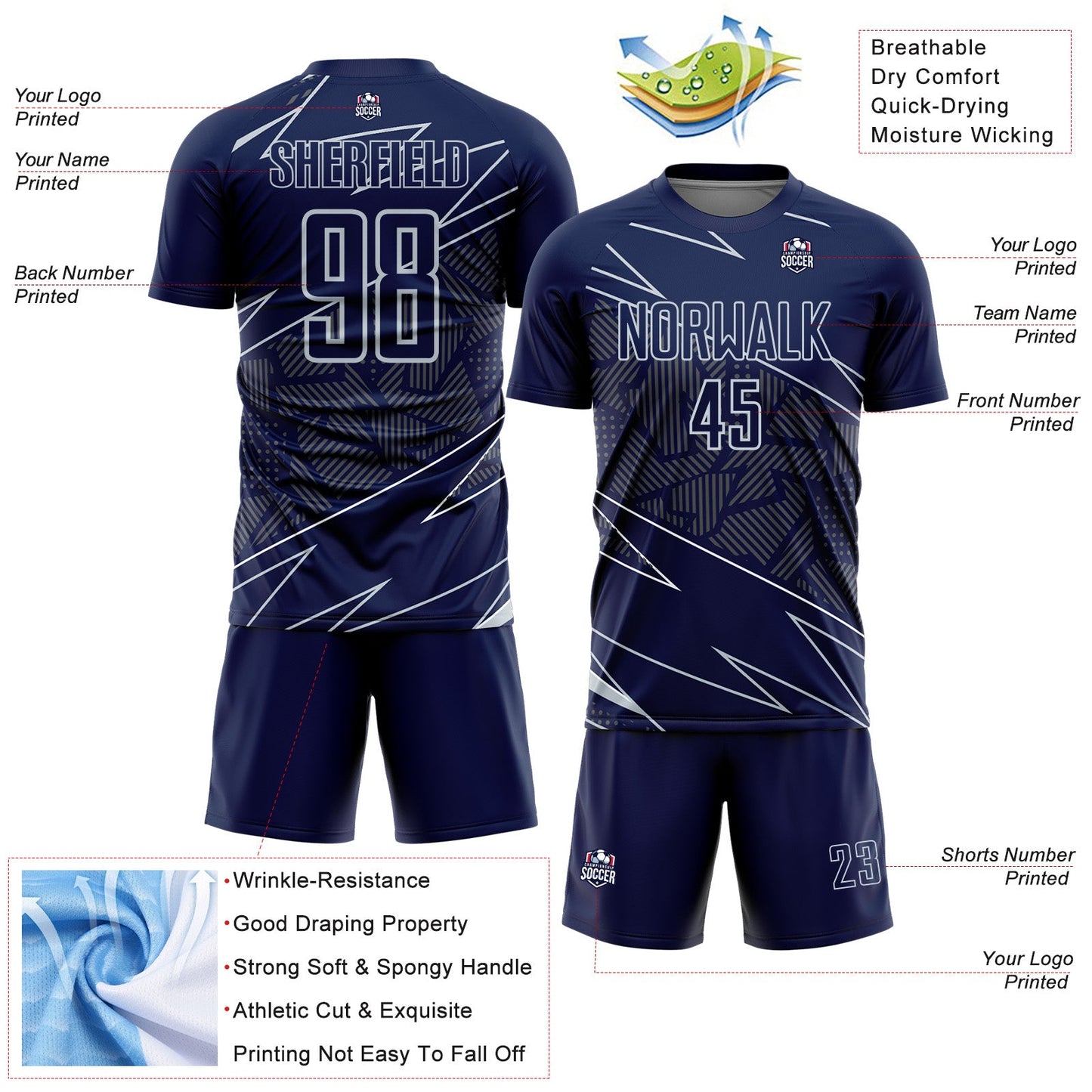 Custom Navy Silver Lines Sports Sublimation Soccer Uniform Jersey view 4
