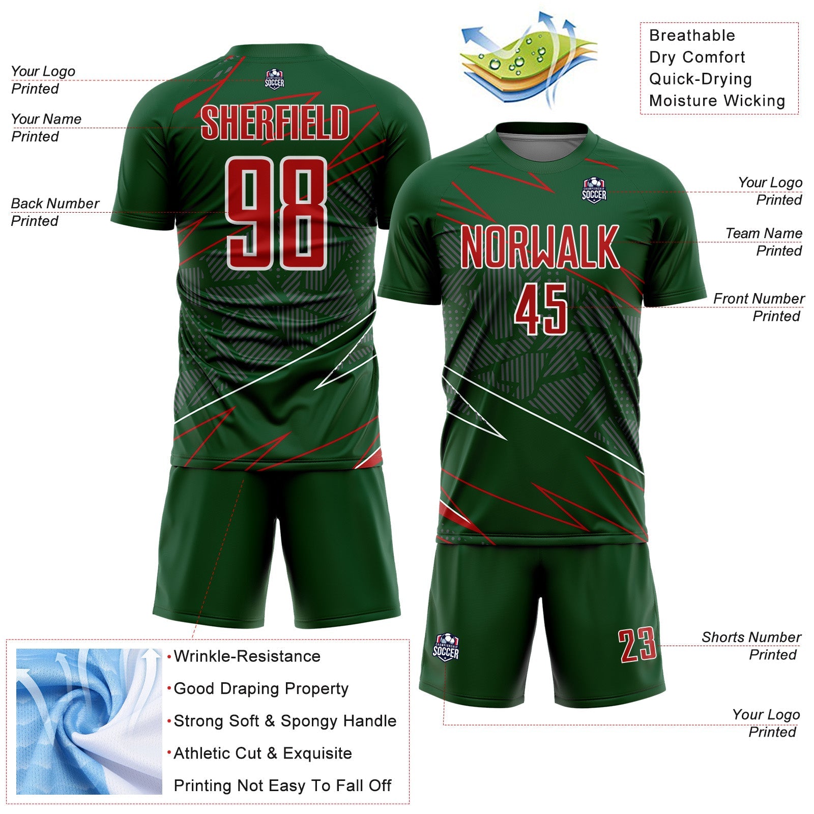 Custom Green Red-White Lines Sports Sublimation Soccer Uniform Jersey view 4