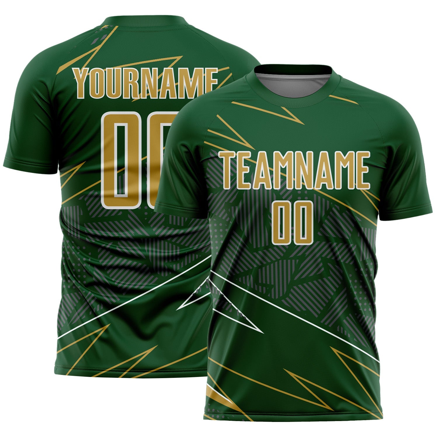 Custom Green Old Gold-White Lines Sports Sublimation Soccer Uniform Jersey - Main View