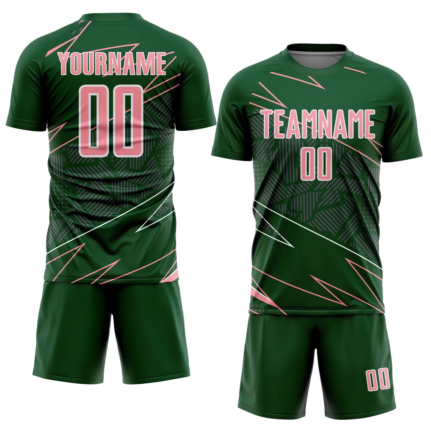 Custom Green Medium Pink-White Lines Sports Sublimation Soccer Uniform Jersey view 2