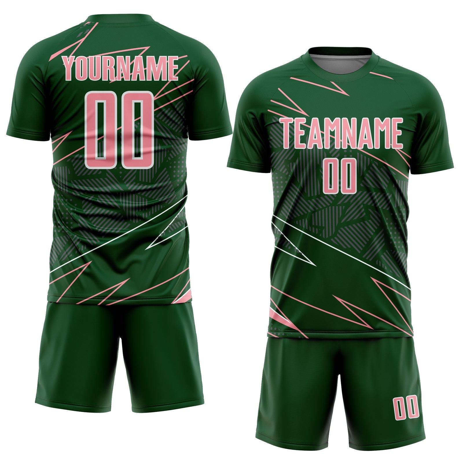 Custom Green Medium Pink-White Lines Sports Sublimation Soccer Uniform Jersey view 2