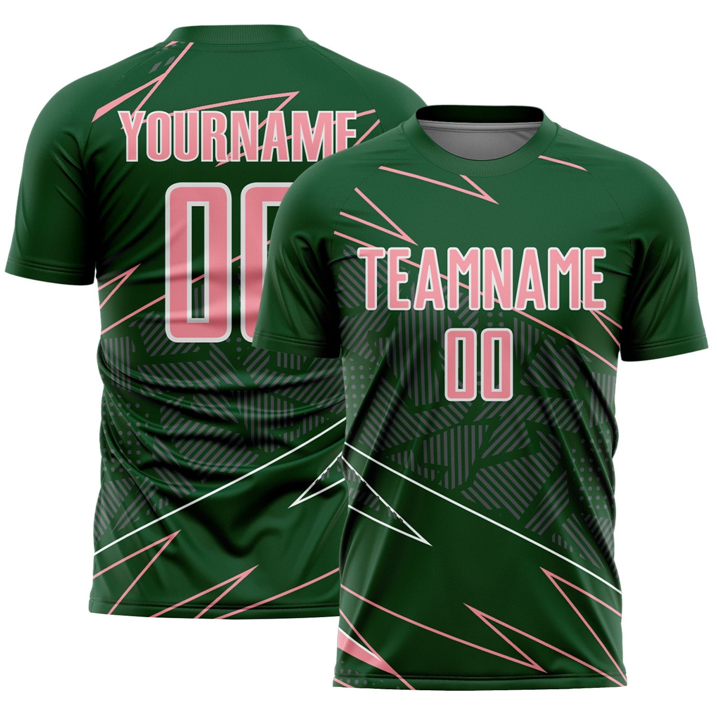 Custom Green Medium Pink-White Lines Sports Sublimation Soccer Uniform Jersey - Main View
