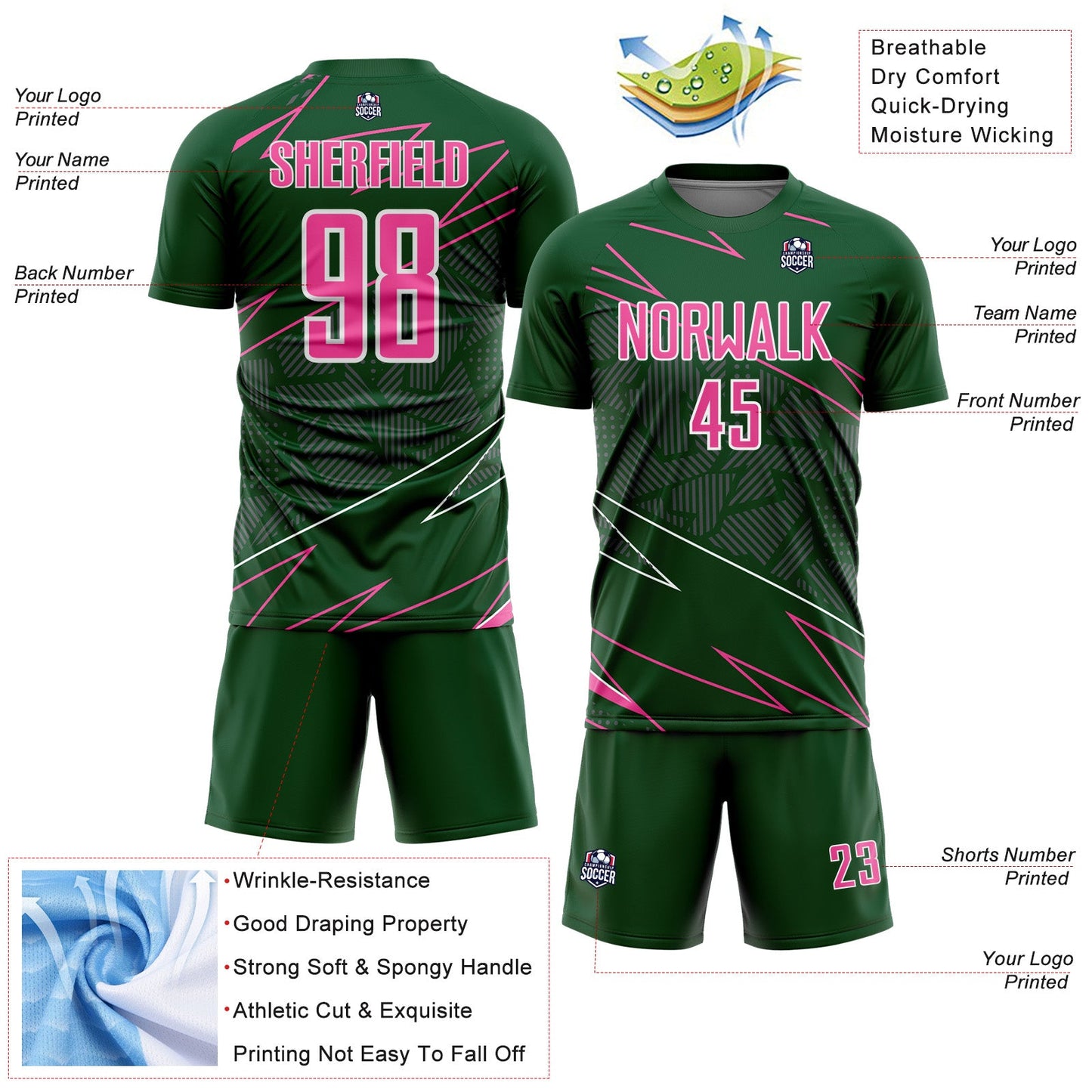 Custom Green Pink-White Lines Sports Sublimation Soccer Uniform Jersey view 4
