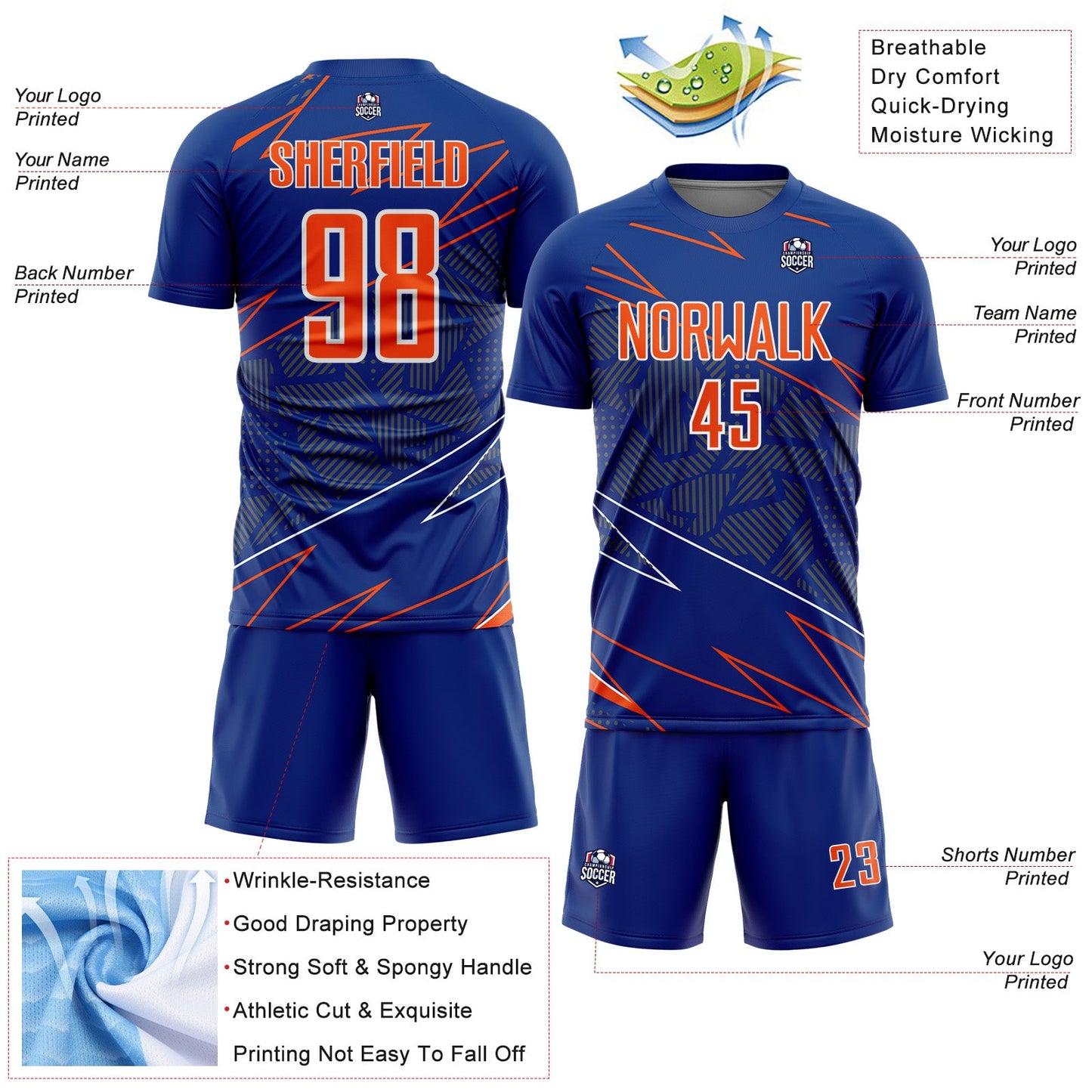 Custom Royal Orange-White Lines Sports Sublimation Soccer Uniform Jersey view 4
