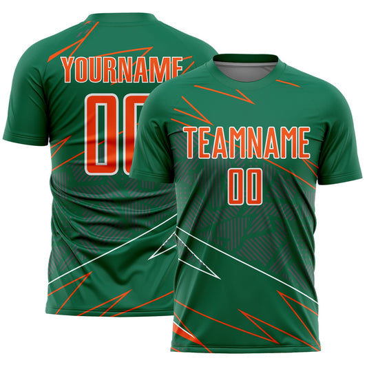 Custom Kelly Green Orange-White Lines Sports Sublimation Soccer Uniform Jersey - Main View