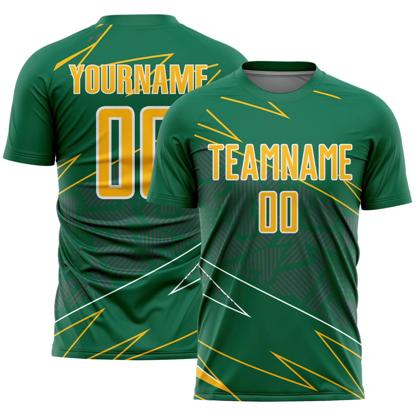 Custom Kelly Green Gold-White Lines Sports Sublimation Soccer Uniform Jersey - Main View