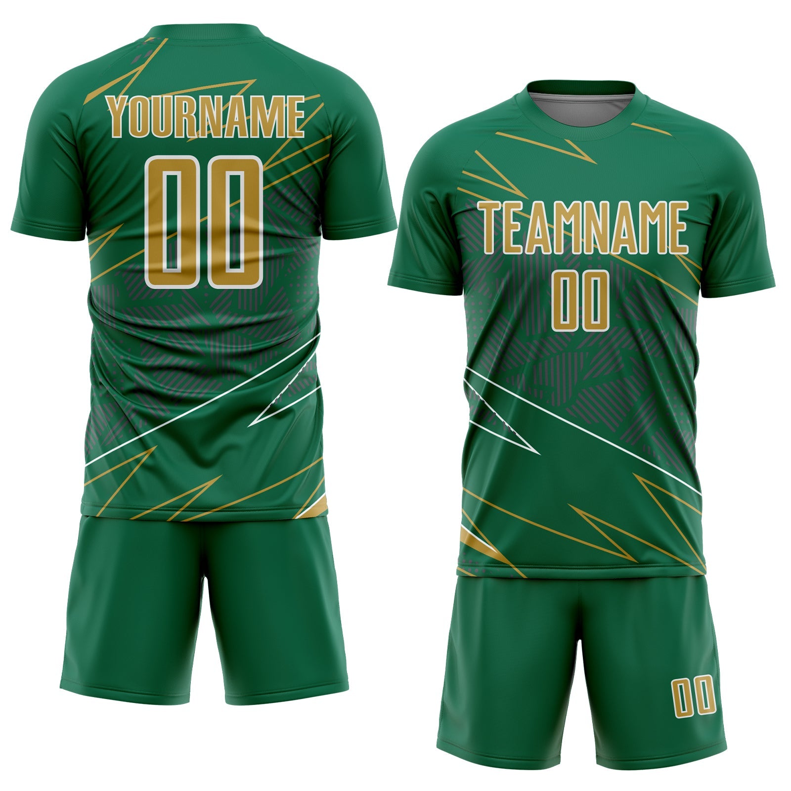 Custom Kelly Green Old Gold-White Lines Sports Sublimation Soccer Uniform Jersey view 2