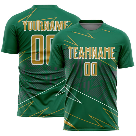 Custom Kelly Green Old Gold-White Lines Sports Sublimation Soccer Uniform Jersey - Main View