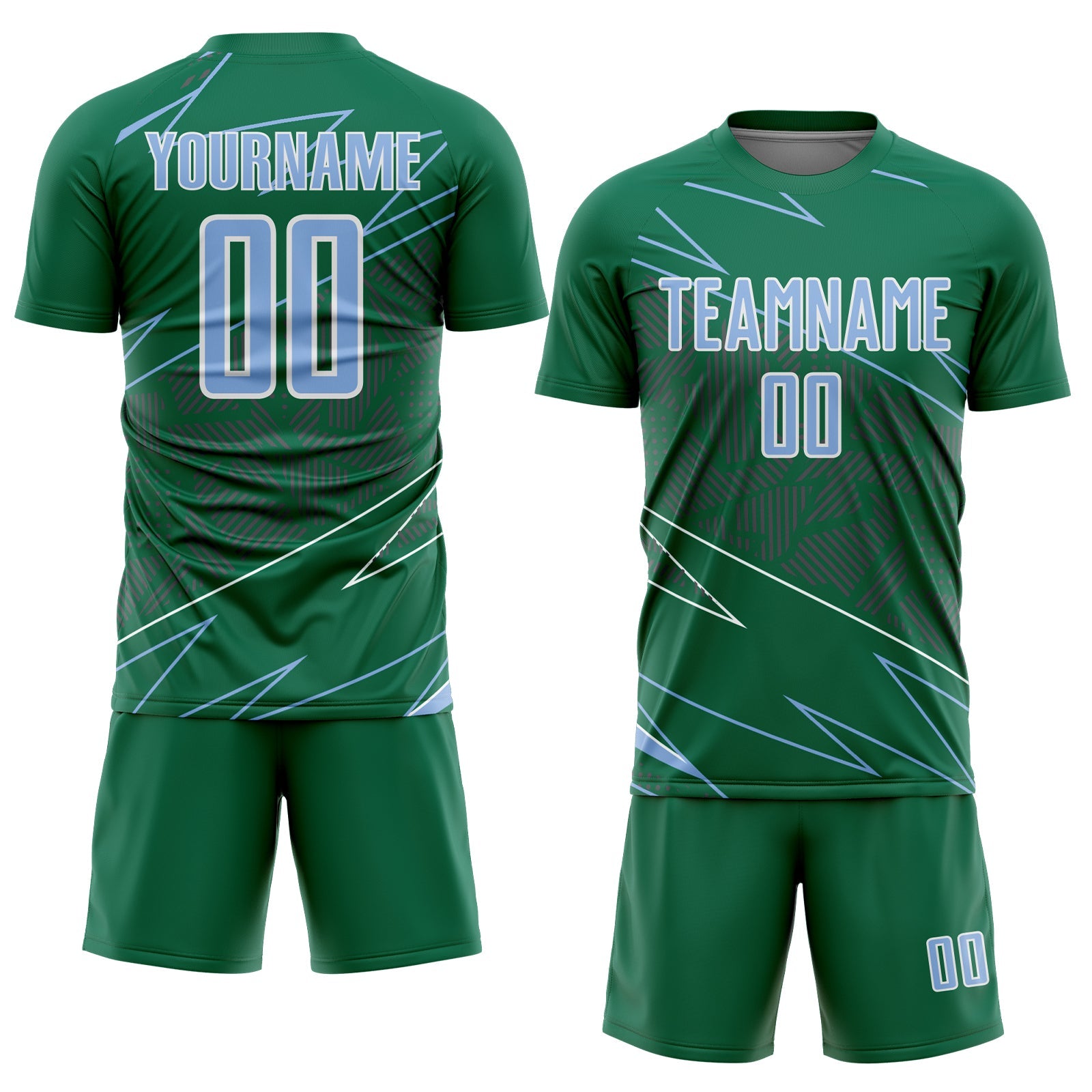 Custom Kelly Green Light Blue-White Lines Sports Sublimation Soccer Uniform Jersey view 2