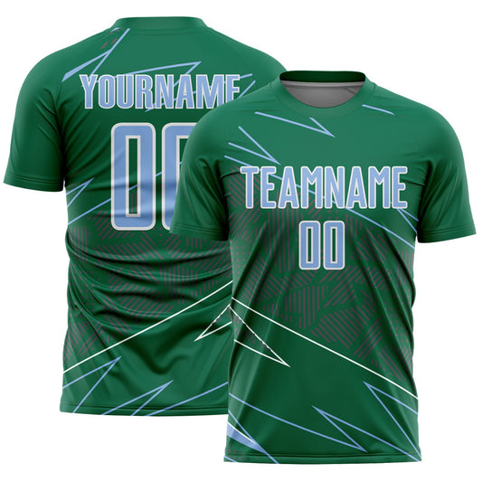 Custom Kelly Green Light Blue-White Lines Sports Sublimation Soccer Uniform Jersey - Main View