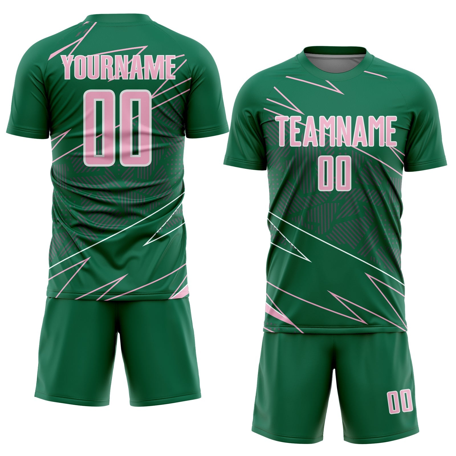 Custom Kelly Green Light Pink-White Lines Sports Sublimation Soccer Uniform Jersey view 2