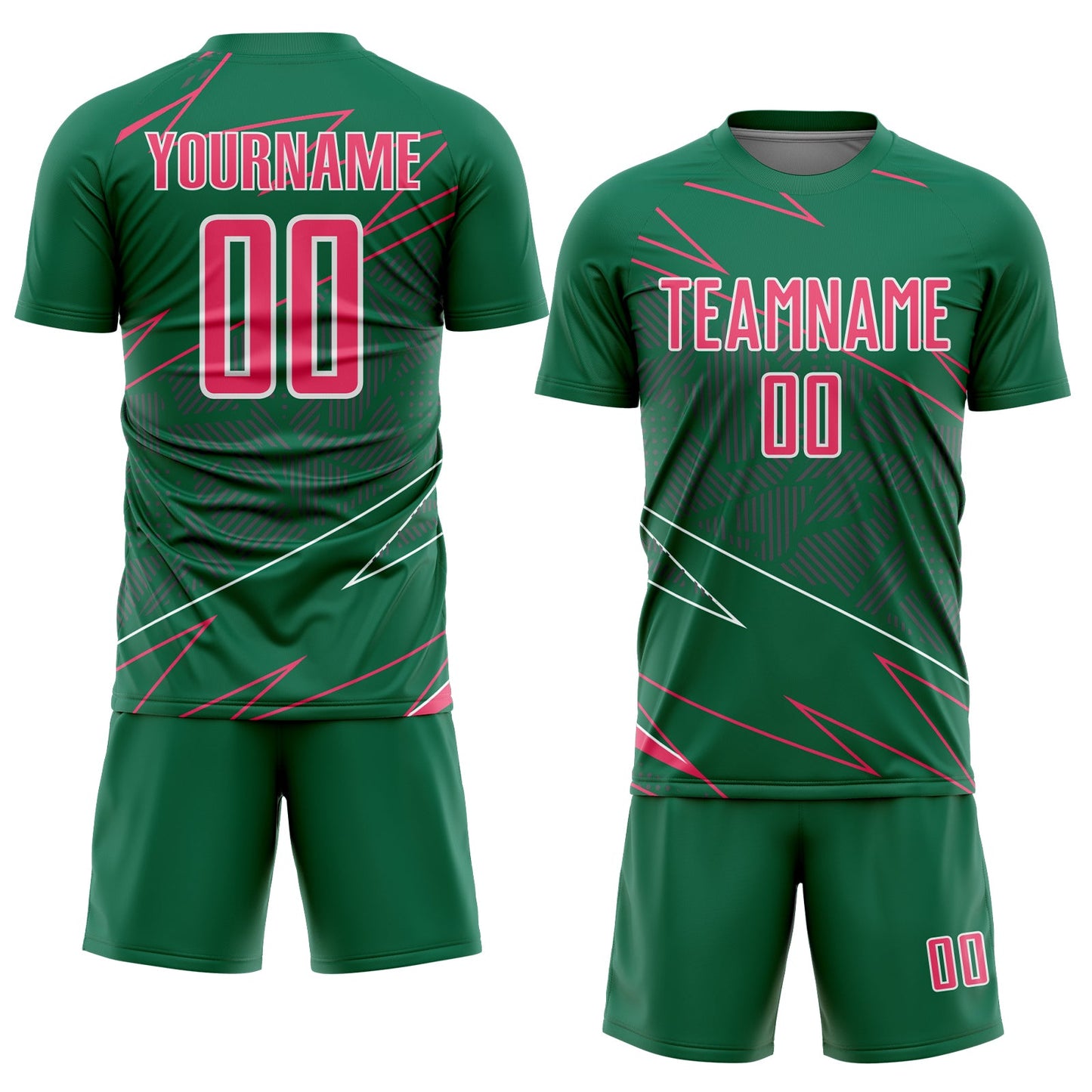 Custom Kelly Green Neon Pink-White Lines Sports Sublimation Soccer Uniform Jersey view 2