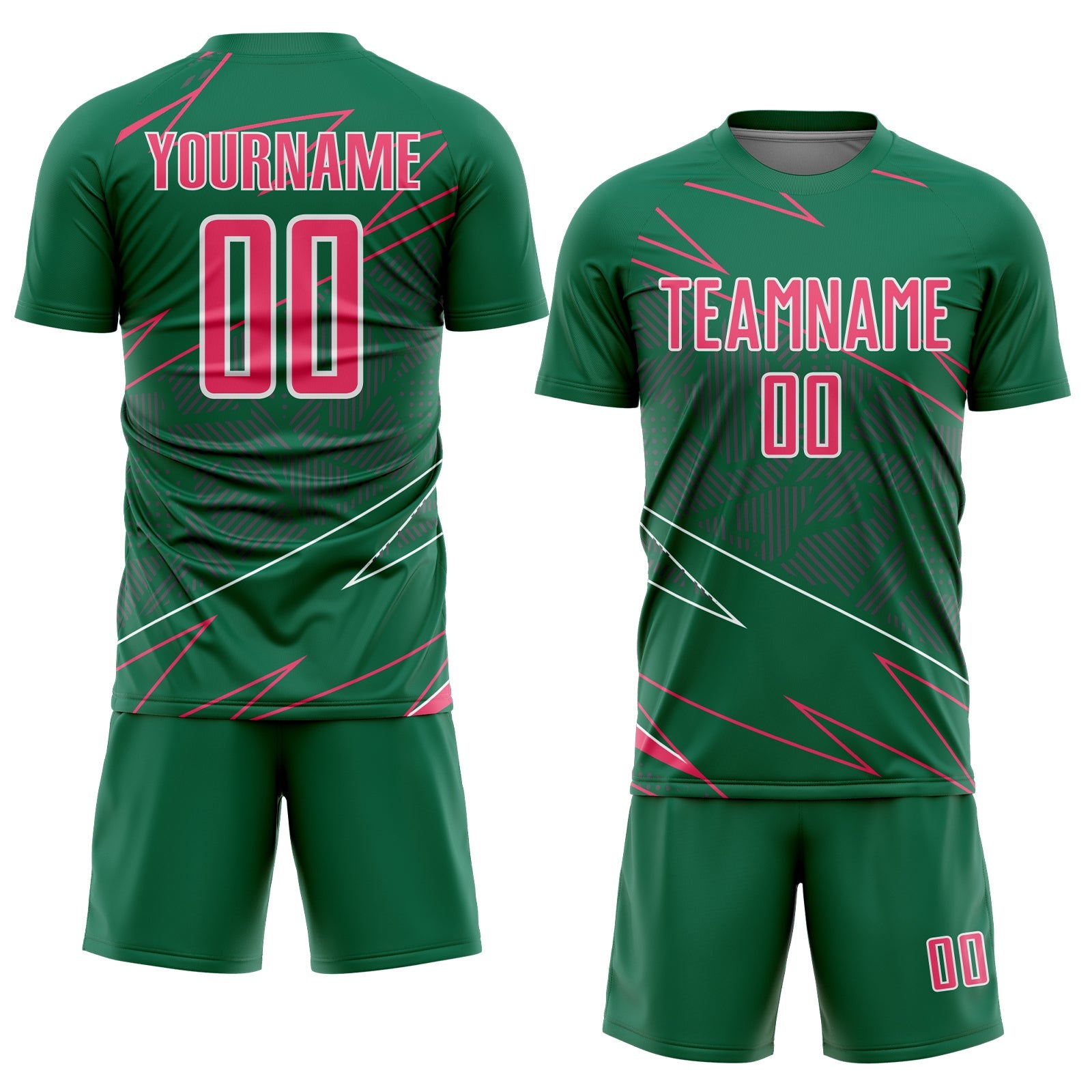 Custom Kelly Green Neon Pink-White Lines Sports Sublimation Soccer Uniform Jersey view 2
