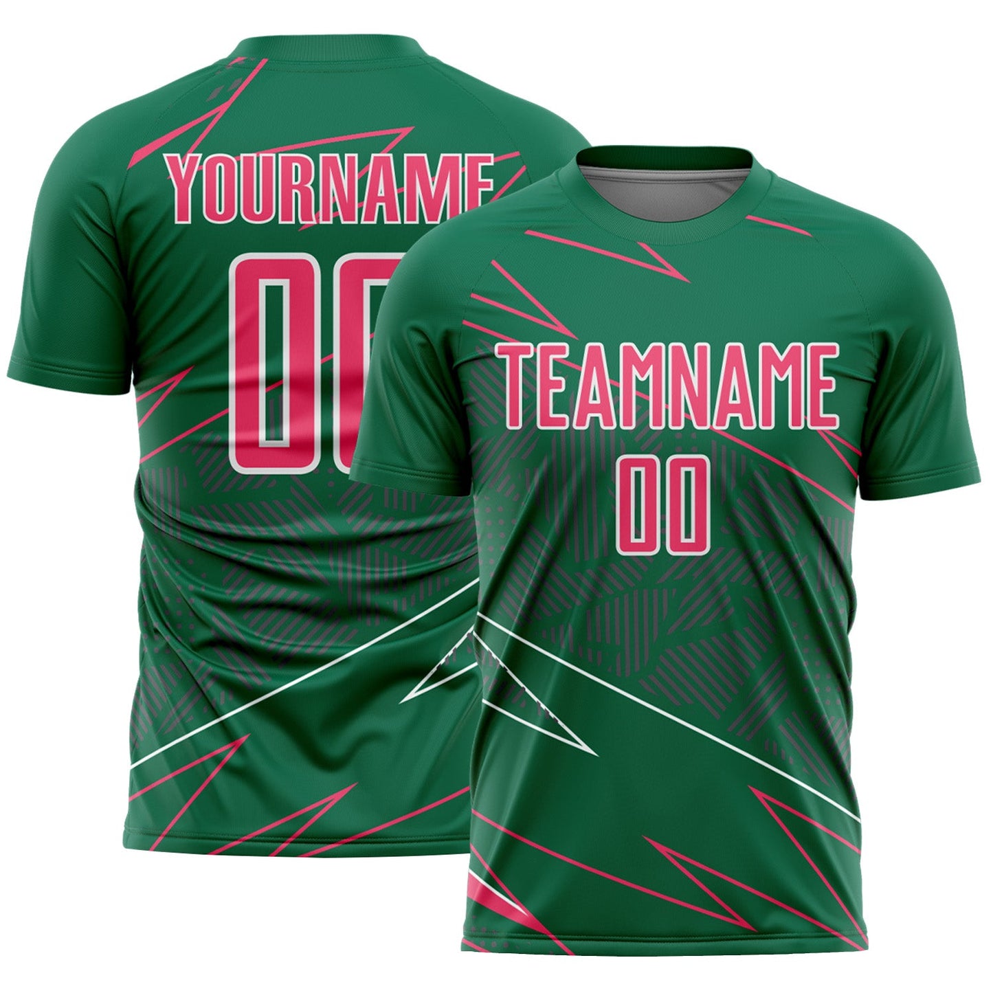Custom Kelly Green Neon Pink-White Lines Sports Sublimation Soccer Uniform Jersey - Main View