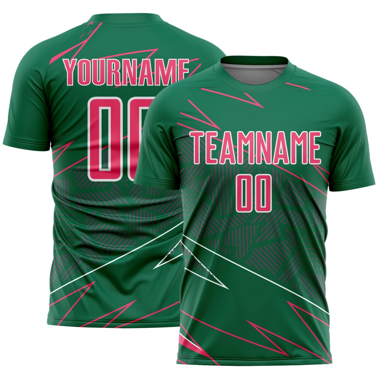 Custom Kelly Green Neon Pink-White Lines Sports Sublimation Soccer Uniform Jersey - Main View