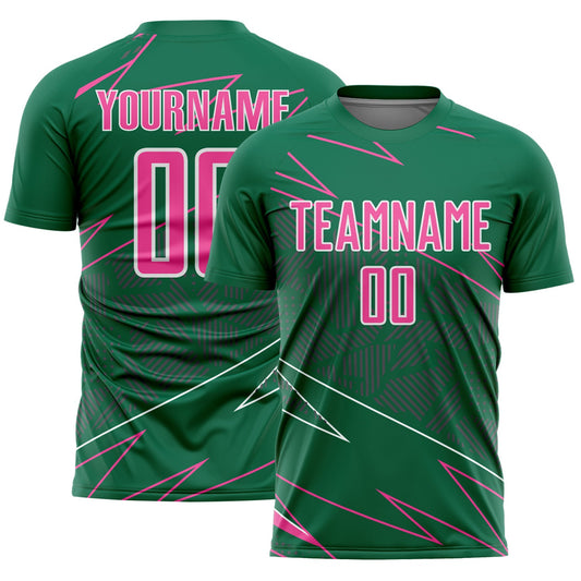 Custom Kelly Green Pink-White Lines Sports Sublimation Soccer Uniform Jersey - Main View