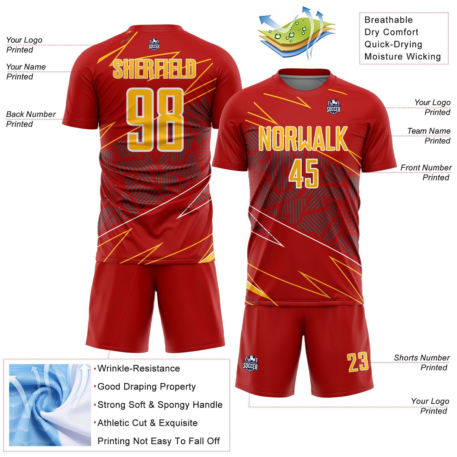 Custom Red Gold-White Lines Sports Sublimation Soccer Uniform Jersey view 4