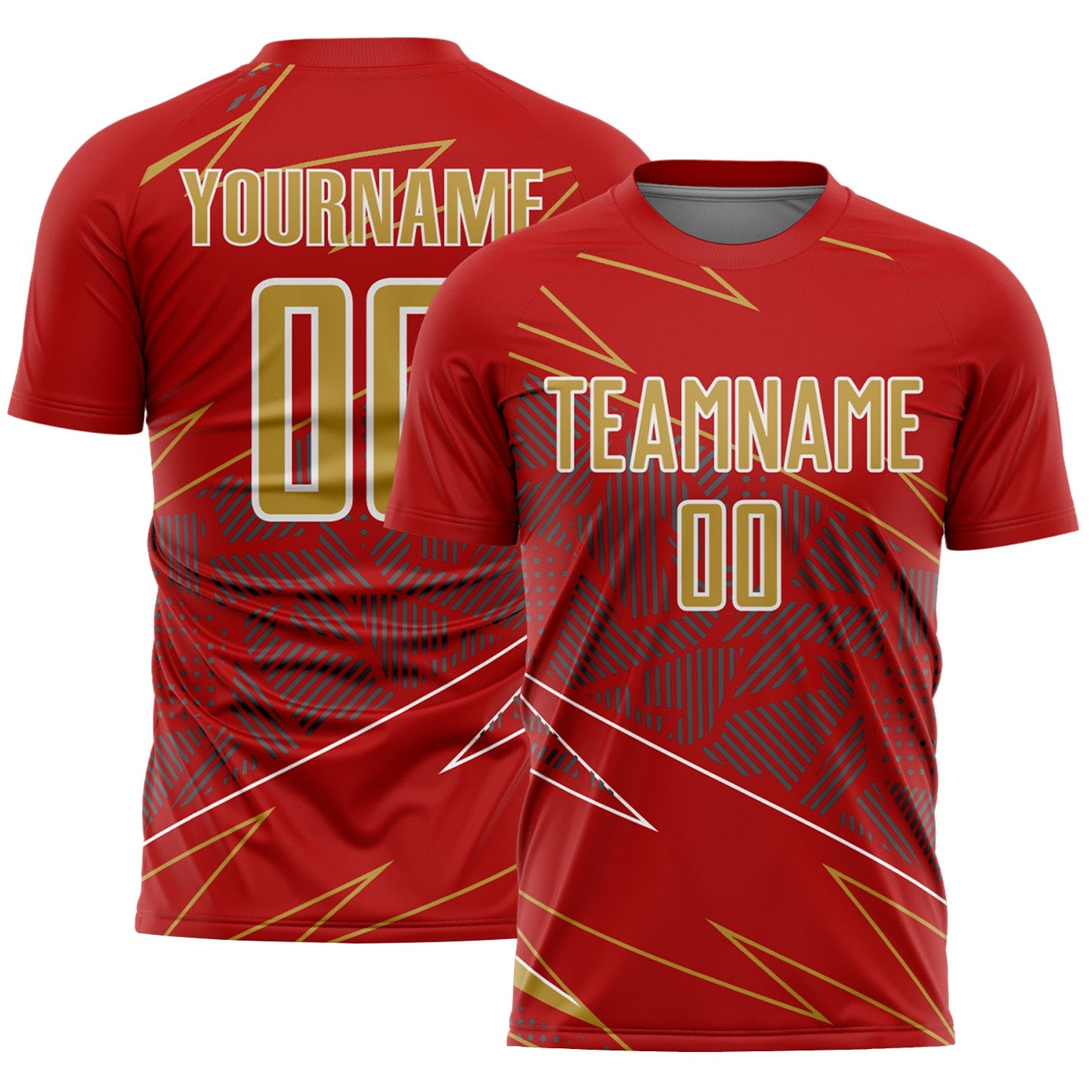 Custom Red Old Gold-White Lines Sports Sublimation Soccer Uniform Jersey - Main View