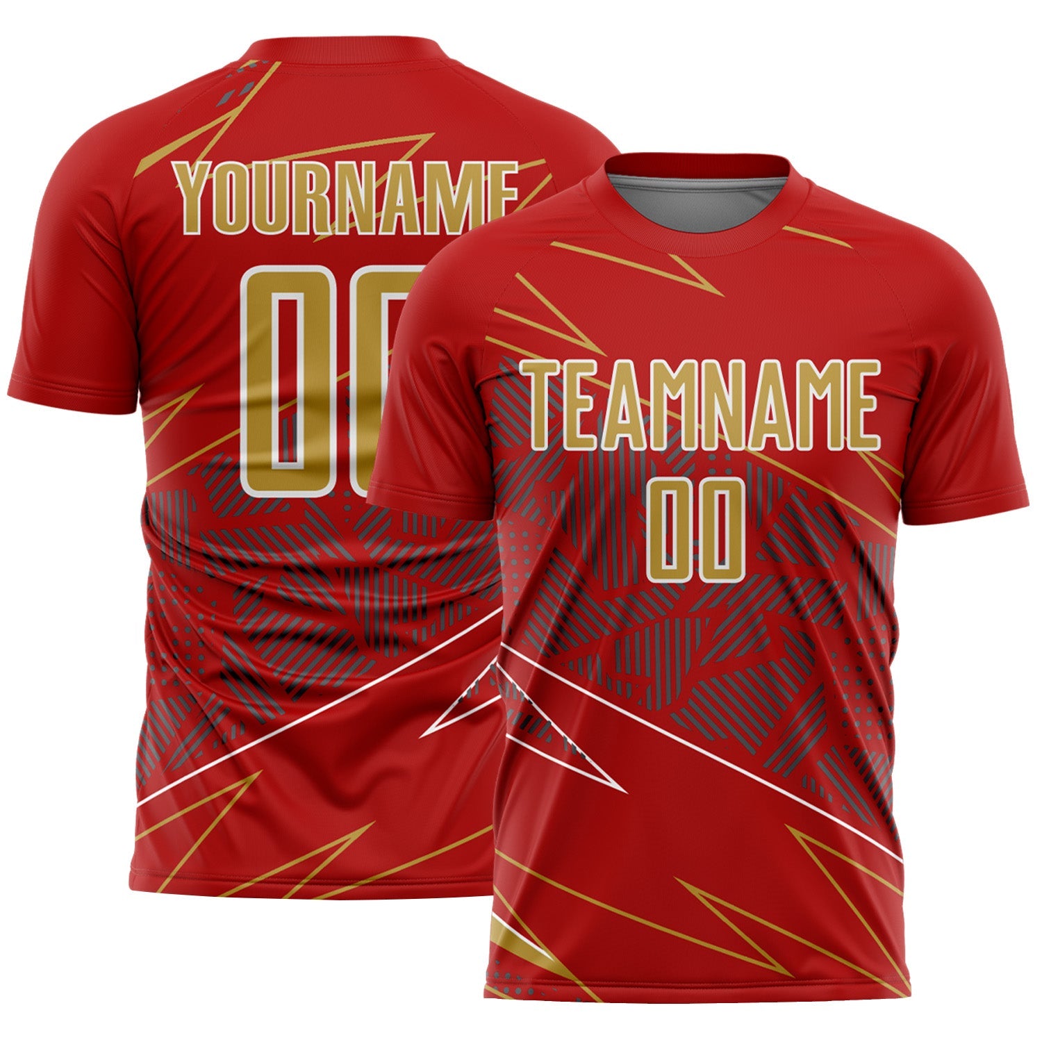 Custom Red Old Gold-White Lines Sports Sublimation Soccer Uniform Jersey - Main View