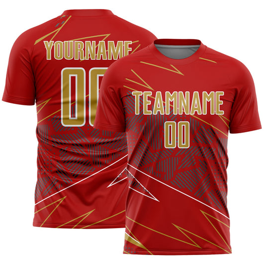 Custom Red Old Gold-White Lines Sports Sublimation Soccer Uniform Jersey - Main View