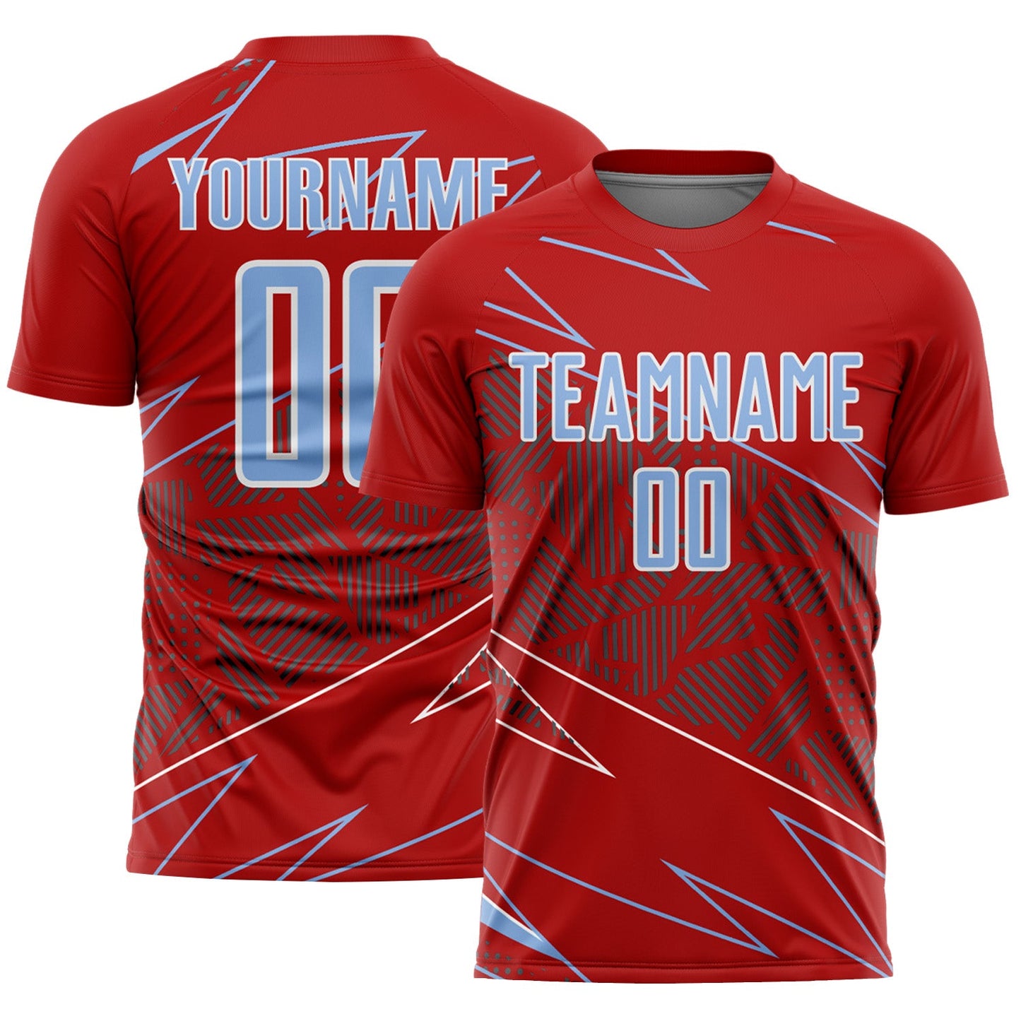 Custom Red Light Blue-White Lines Sports Sublimation Soccer Uniform Jersey - Main View