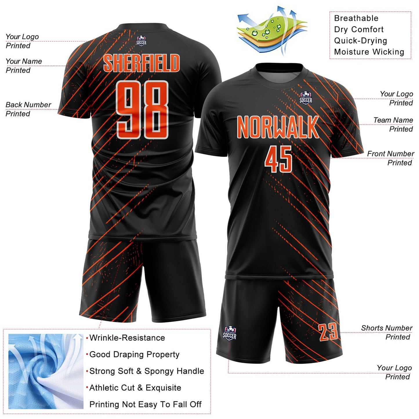 Custom Black Orange-White Lines Sports Sublimation Soccer Uniform Jersey view 4